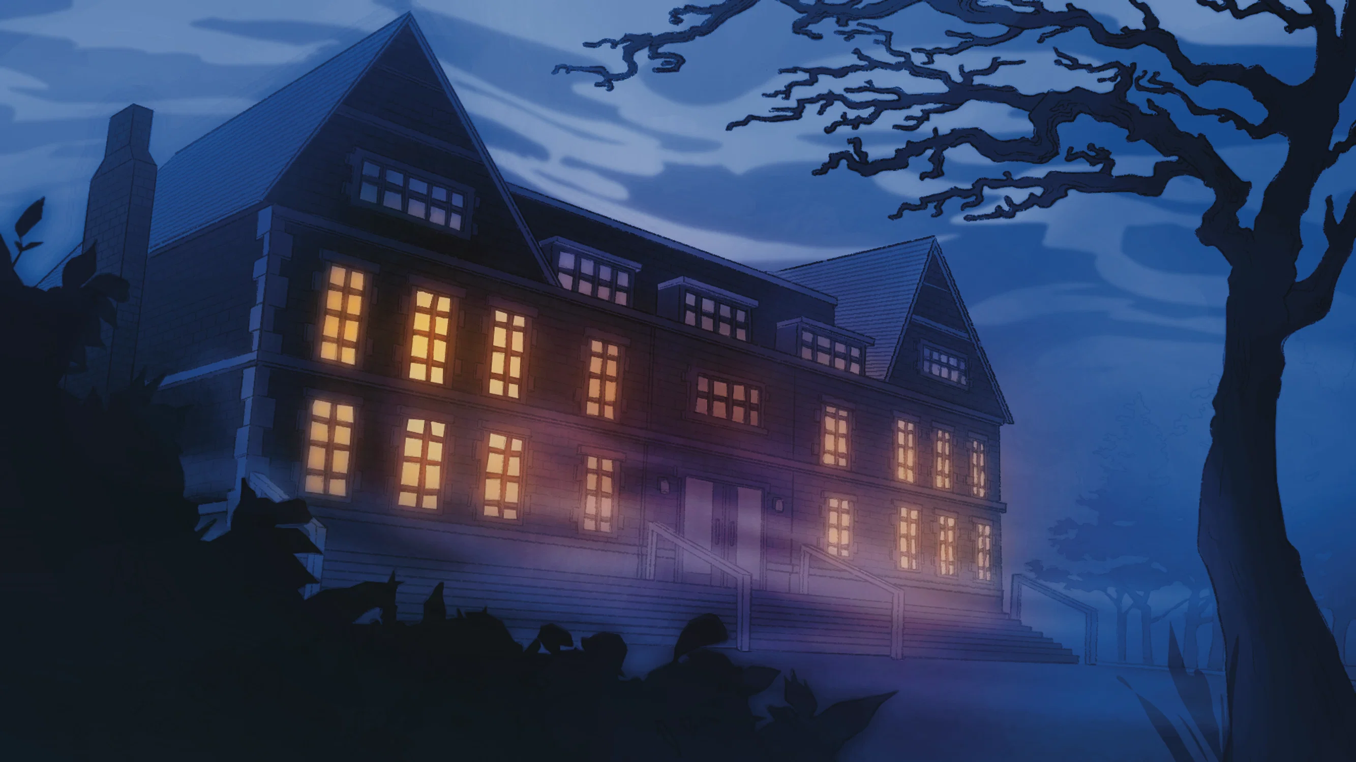 A foggy library emerges from blue clouds. Yellow light pours out of the windows.