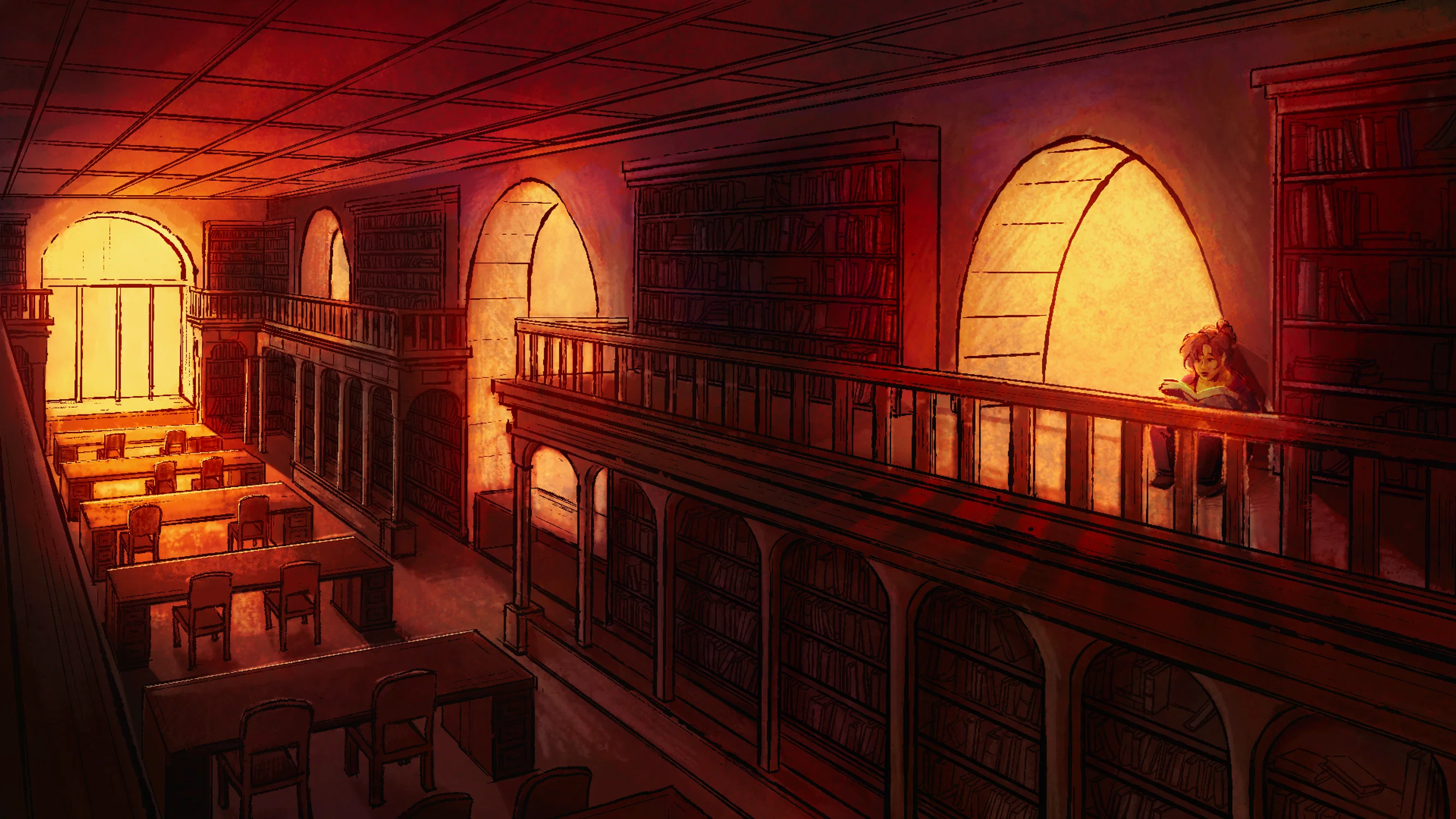 Warm light fills a largely empty library. A lone girl reads a book.