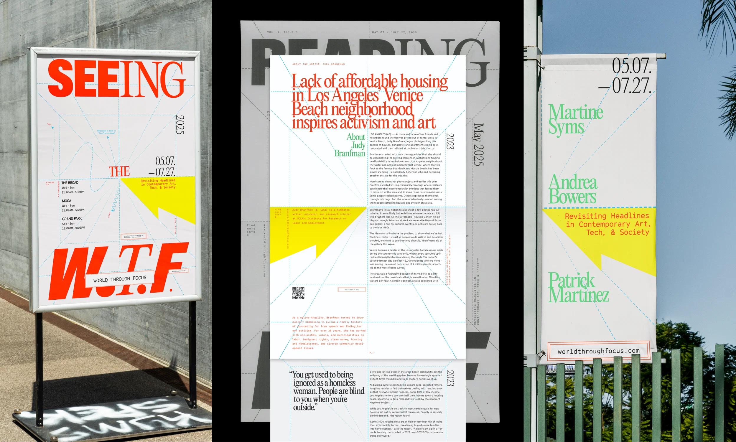 A poster, an open publication, and event banner showcased from the visual identity project titled, "Seeing the W.T.F. (World Through Focus): Revisiting Headlines in Contemporary Art, Tech, and Society." Project made by Eulmin Park (2024).