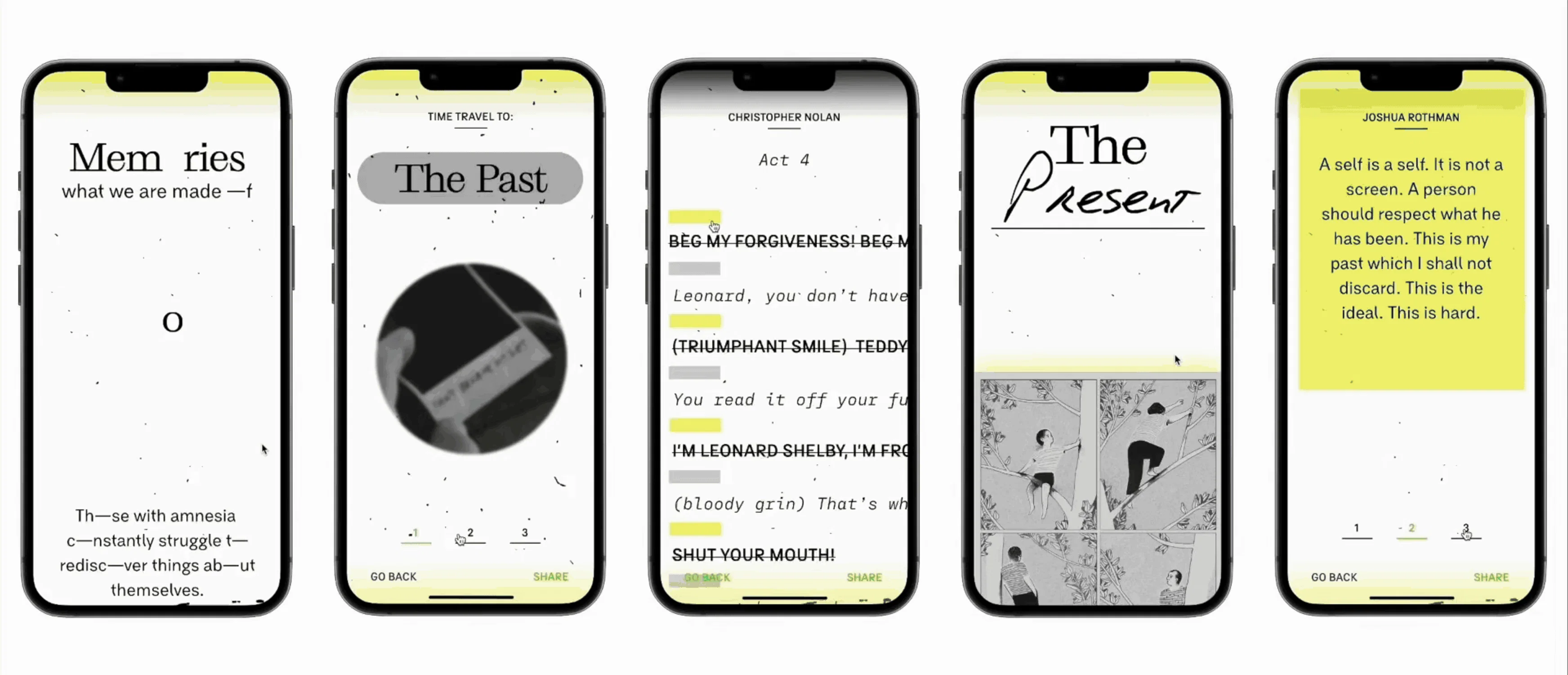 Displays of a mobile reading experience titled, "Memories: What We Are Made Of." Project created by Eulmin Park (2023).