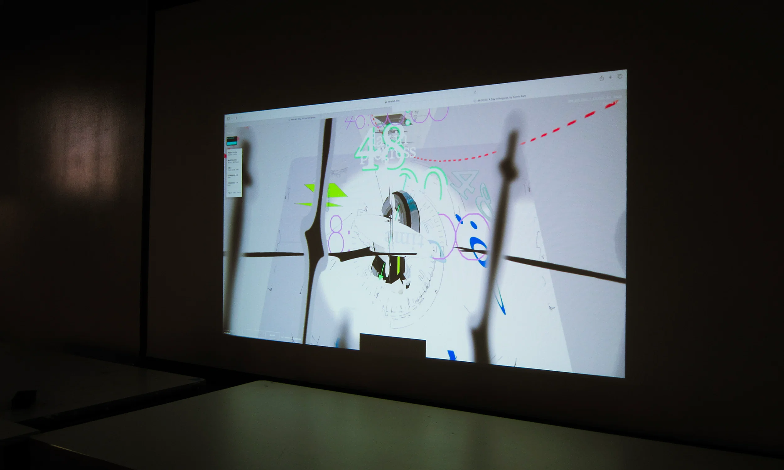 A digital projection of a virtual world onto a dim-lit wall. Project titled, "48 hours: A Day In Progress." Senior thesis project created by Eulmin Park (2025).