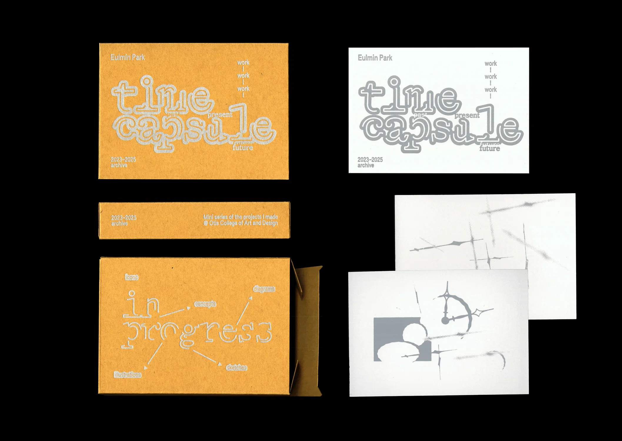 A series of letterpress prints and screen-printed title cards for a project titled, "Time Capsule: A mini series of the projects I created at Otis College of Art and Design." Project created by Eulmin Park (2025).