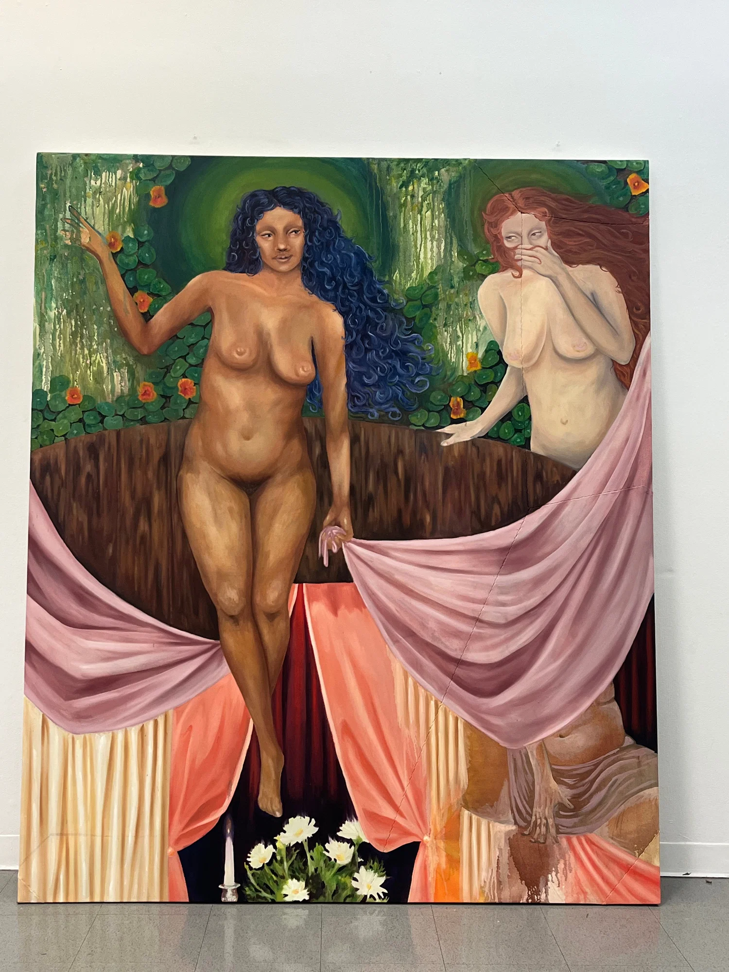 billowing drapery creating planes of space behind the main figure which is a nude woman. to her right there is another woman communicating with the main figure embedded in foliage.