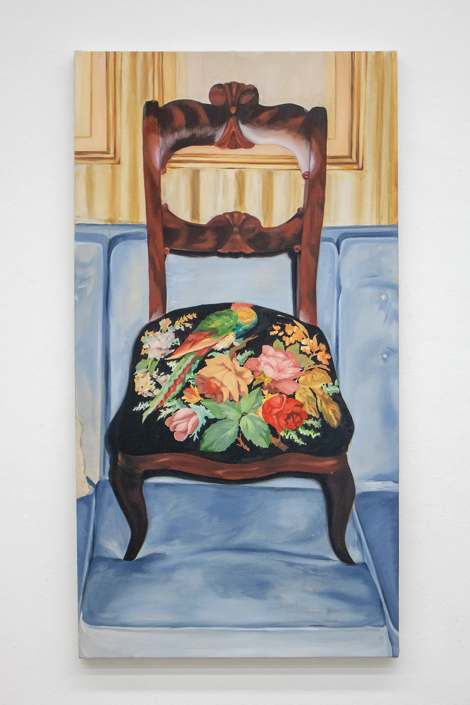 oil paint of antique chair resting on a couch