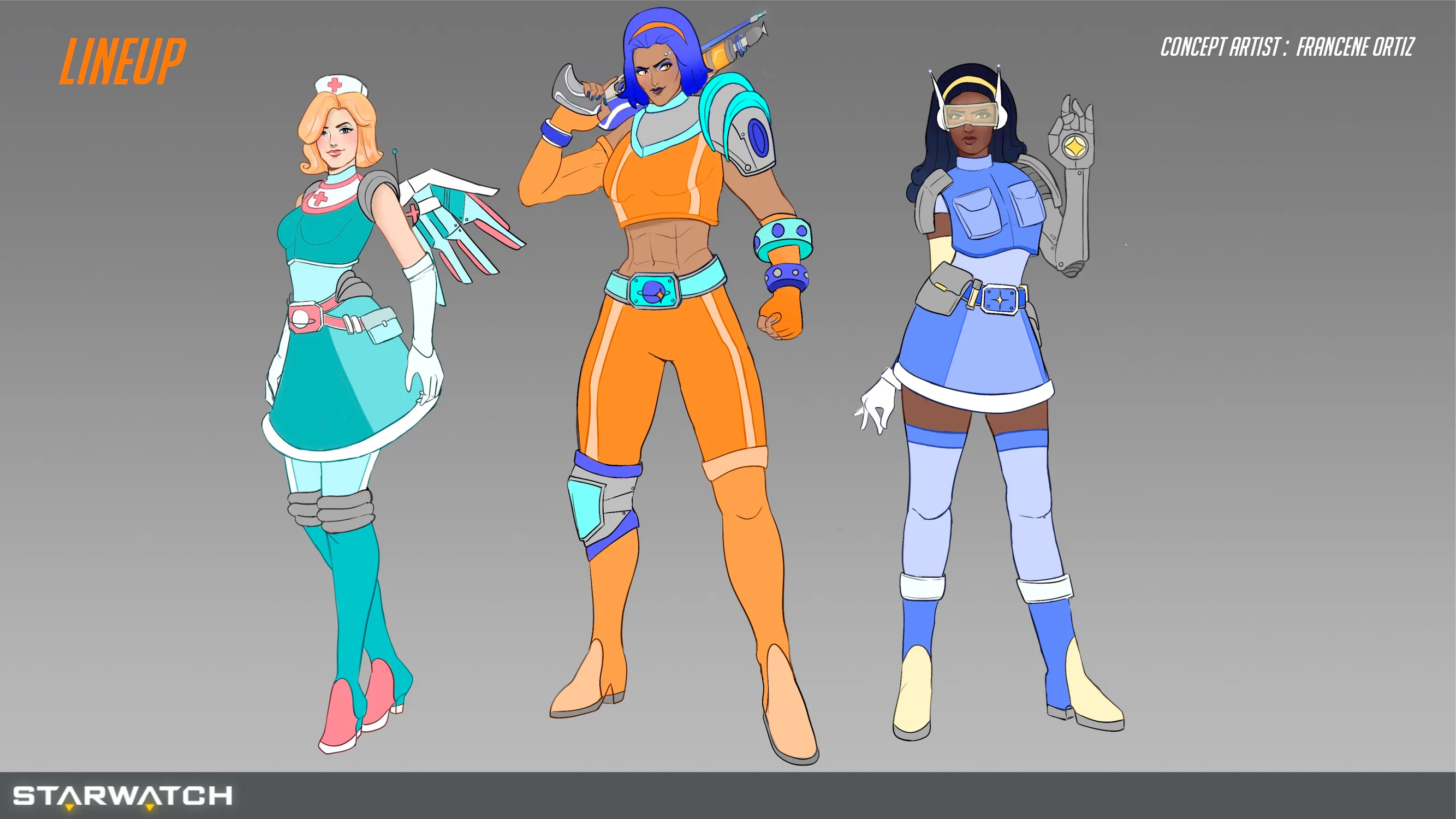 Line up of 3 Overwatch Characters in a Retro Futuristic Style