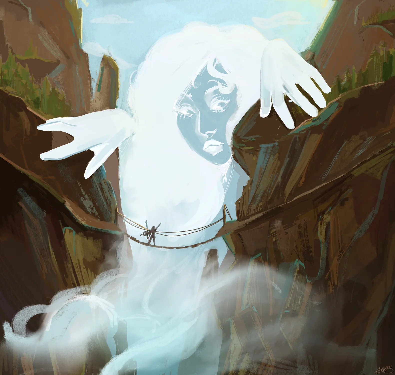 Women made of clouds looking at a character on a bridge