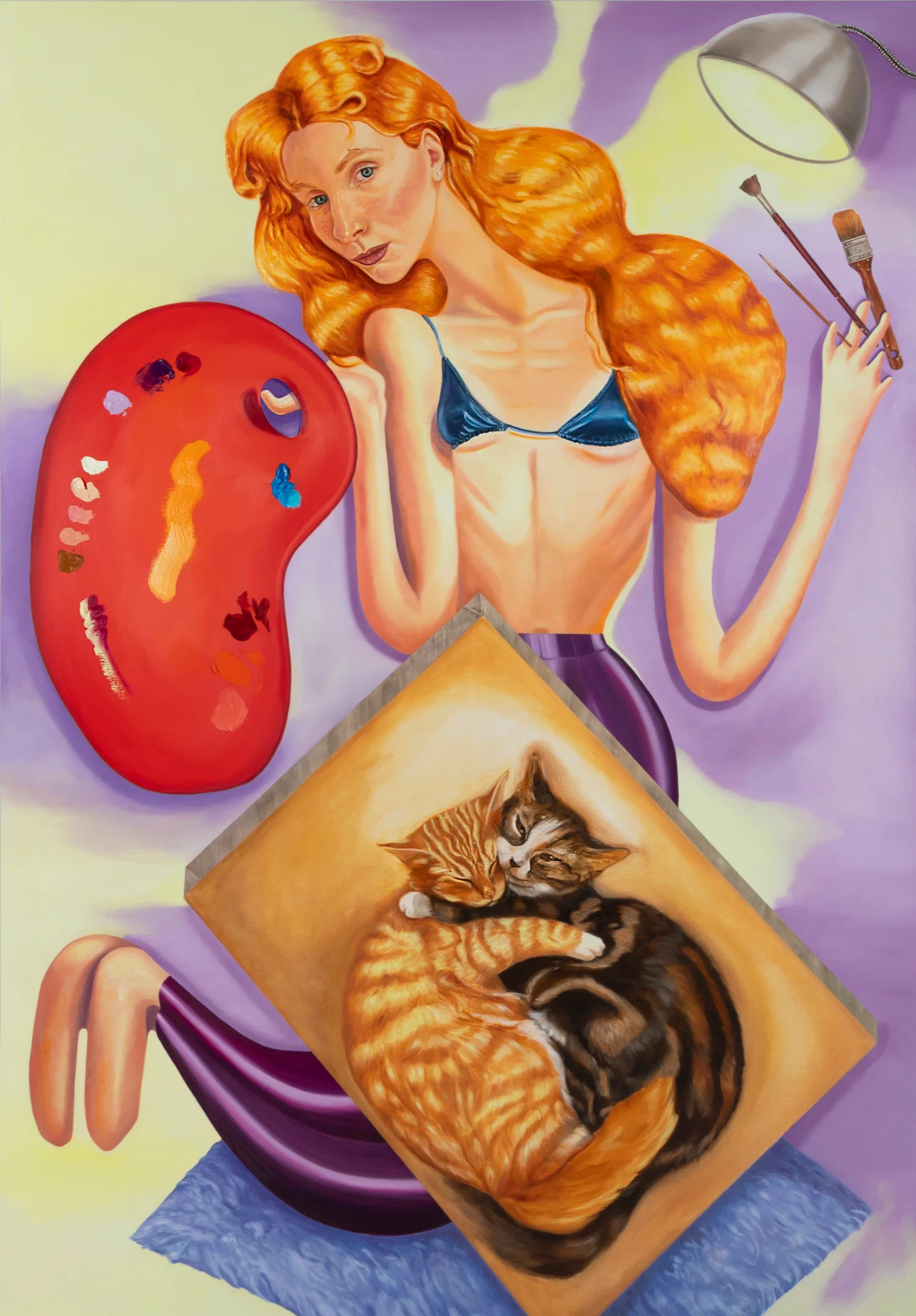 A painting of the artist with her cats