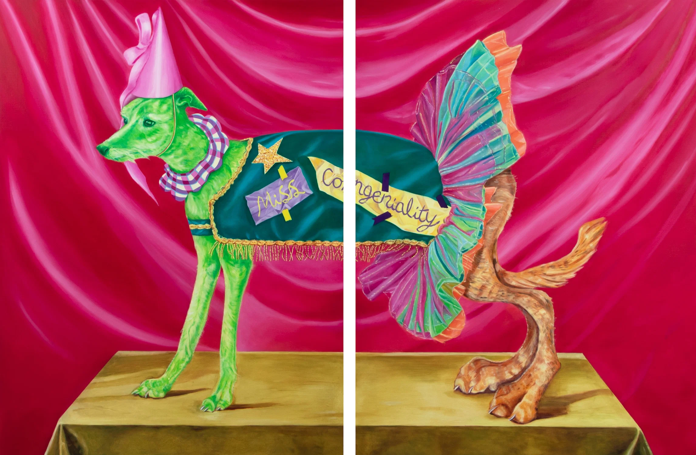 A painting of a green dog wearing a skirt and a 'Miss Congeniality' sash.