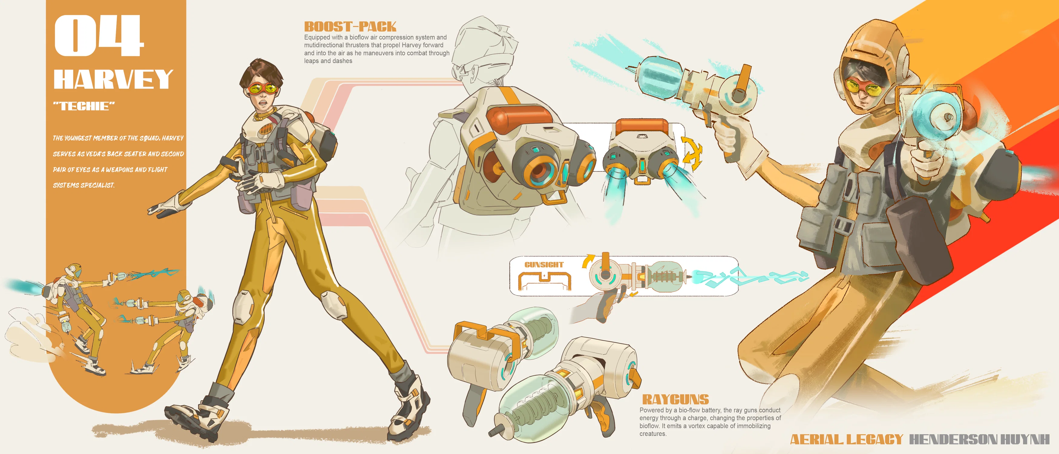 A page layout of a character, Harvey, from my worldbuilding project Aerial Legacy. He is a flight systems specialist that uses ray guns to immobilize creatures polluting the planet. The final character render, props and character illustration are all displayed on the page.