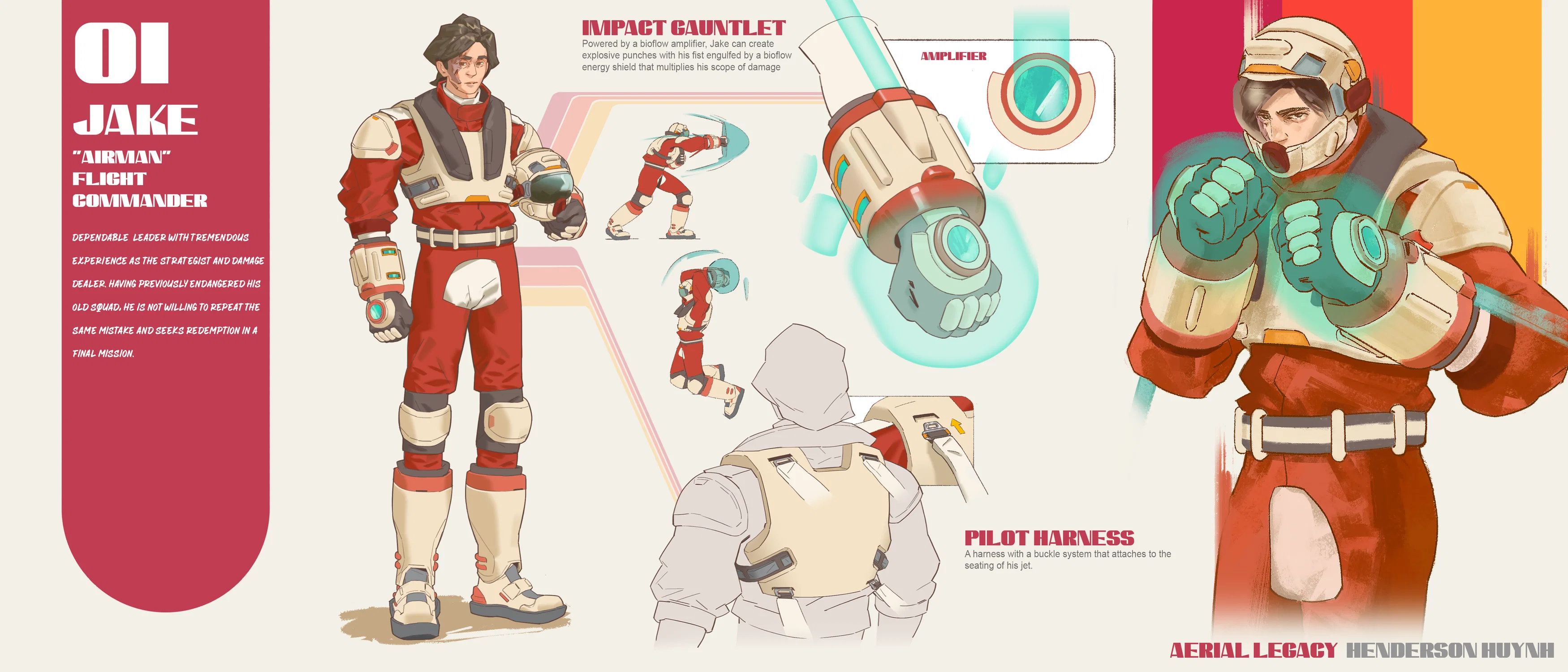 A page layout of a character, Jake, from my worldbuilding project Aerial Legacy. He is the main character and flight commander that uses his explosive gauntlets to defend against creatures polluting the planet. The final character render, props and character illustration are all displayed on the page.