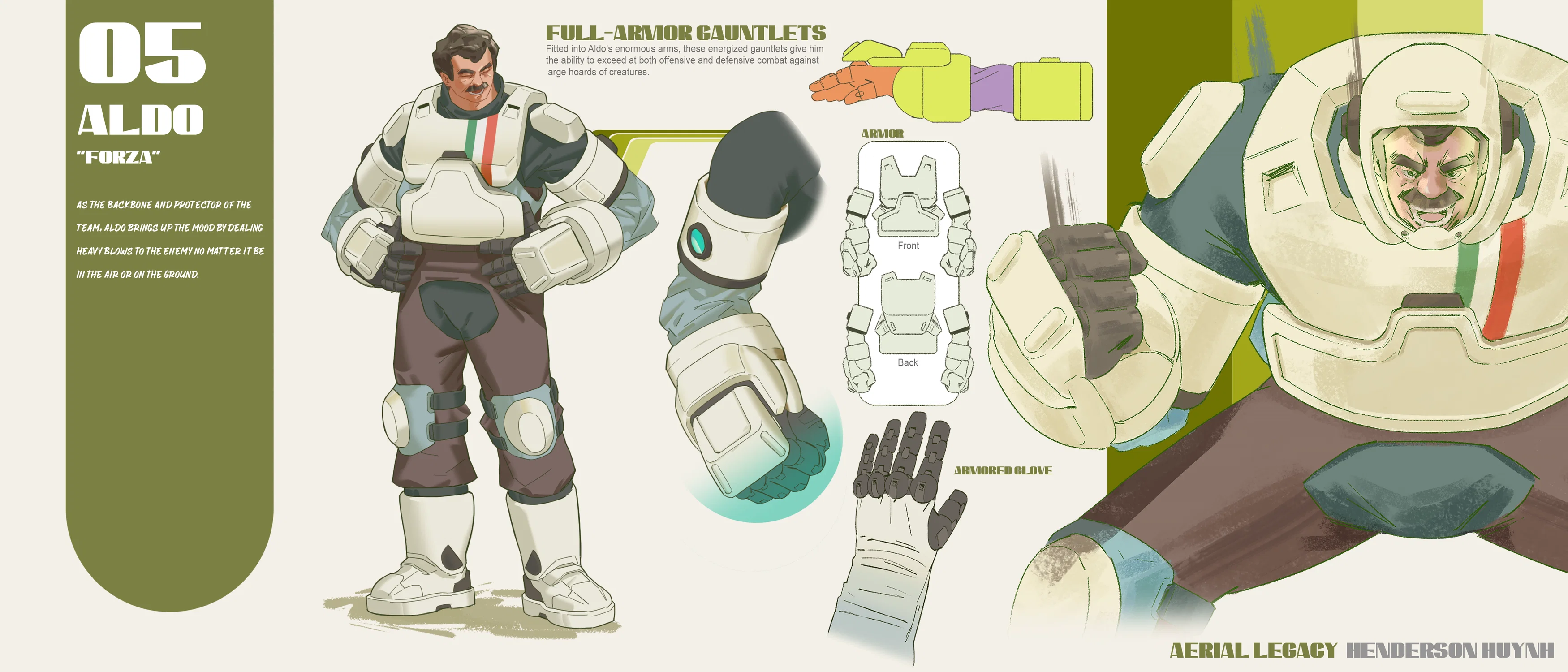 A page layout of a character, Aldo, from my worldbuilding project Aerial Legacy. He is the backbone of the squad that uses armored gauntlets to crush creatures polluting the planet. The final character render, props and character illustration are all displayed on the page.