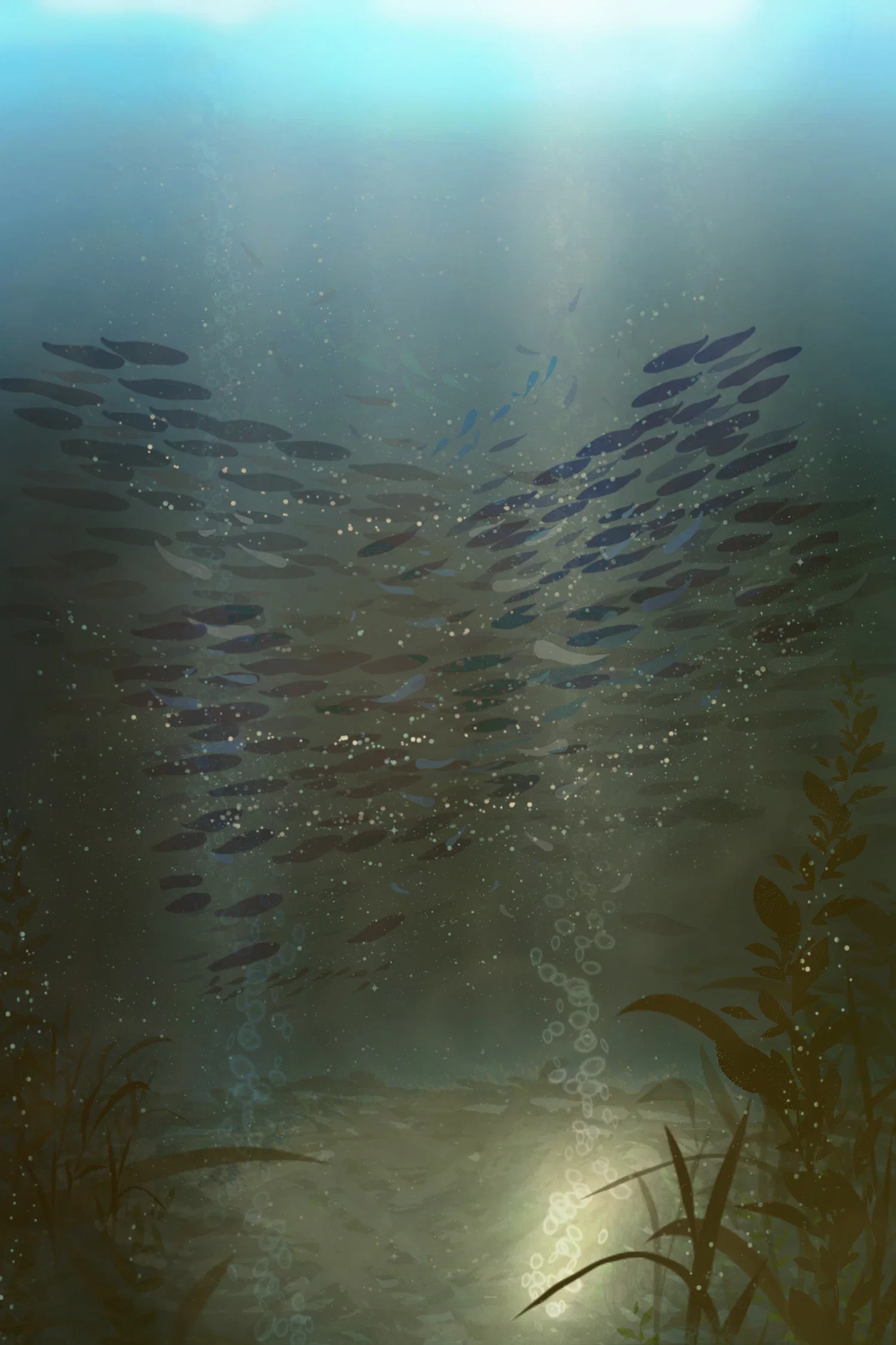 Is an underwater illustration with green and brown Hughes with lots of swimming around