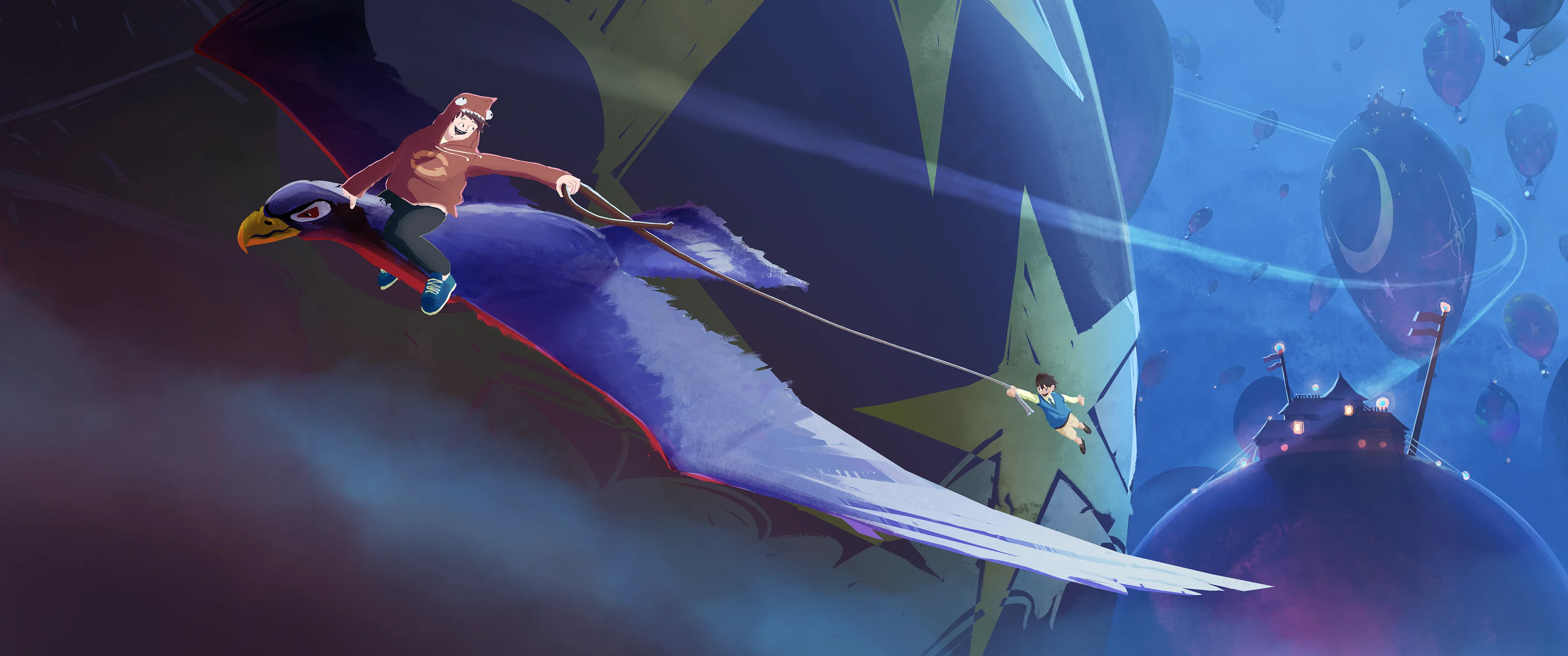 Flip and Nemo soar around giant inflated balloons the blue night sky.