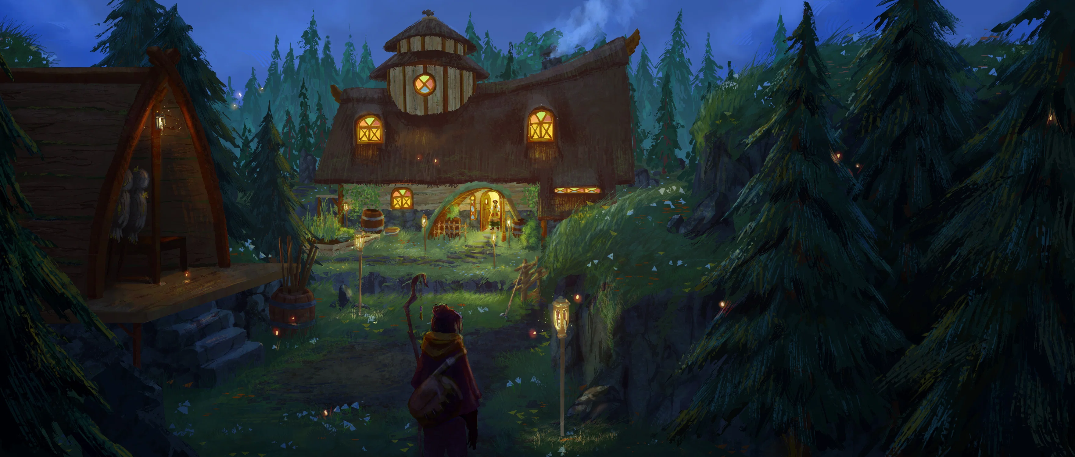 Keyart of Maeva's cabin, night time with lights leading to the warmly lit cabin.