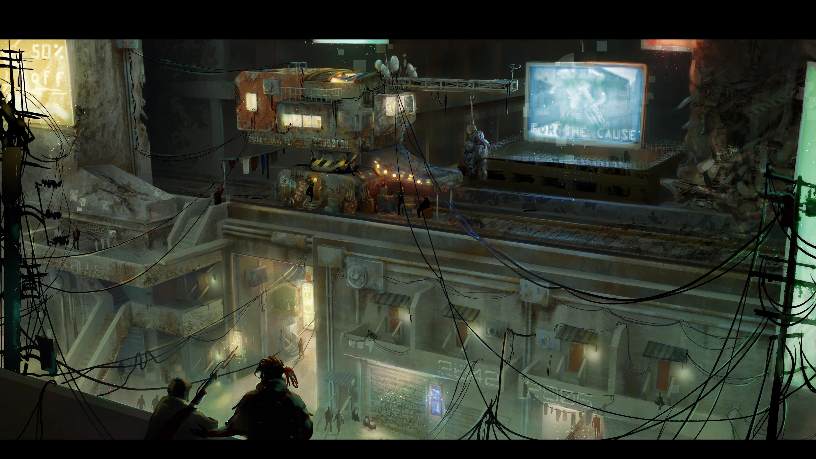 Sci Fi environment of a crane on train tracks, overlooking a city street at night.