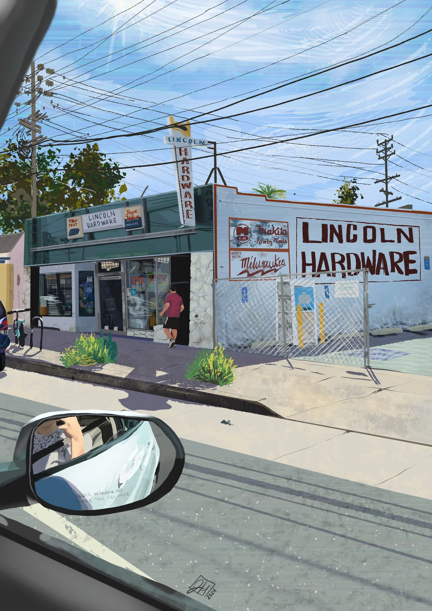 Lincoln Hardware Store plein air digital painting, shot out of car during the day.