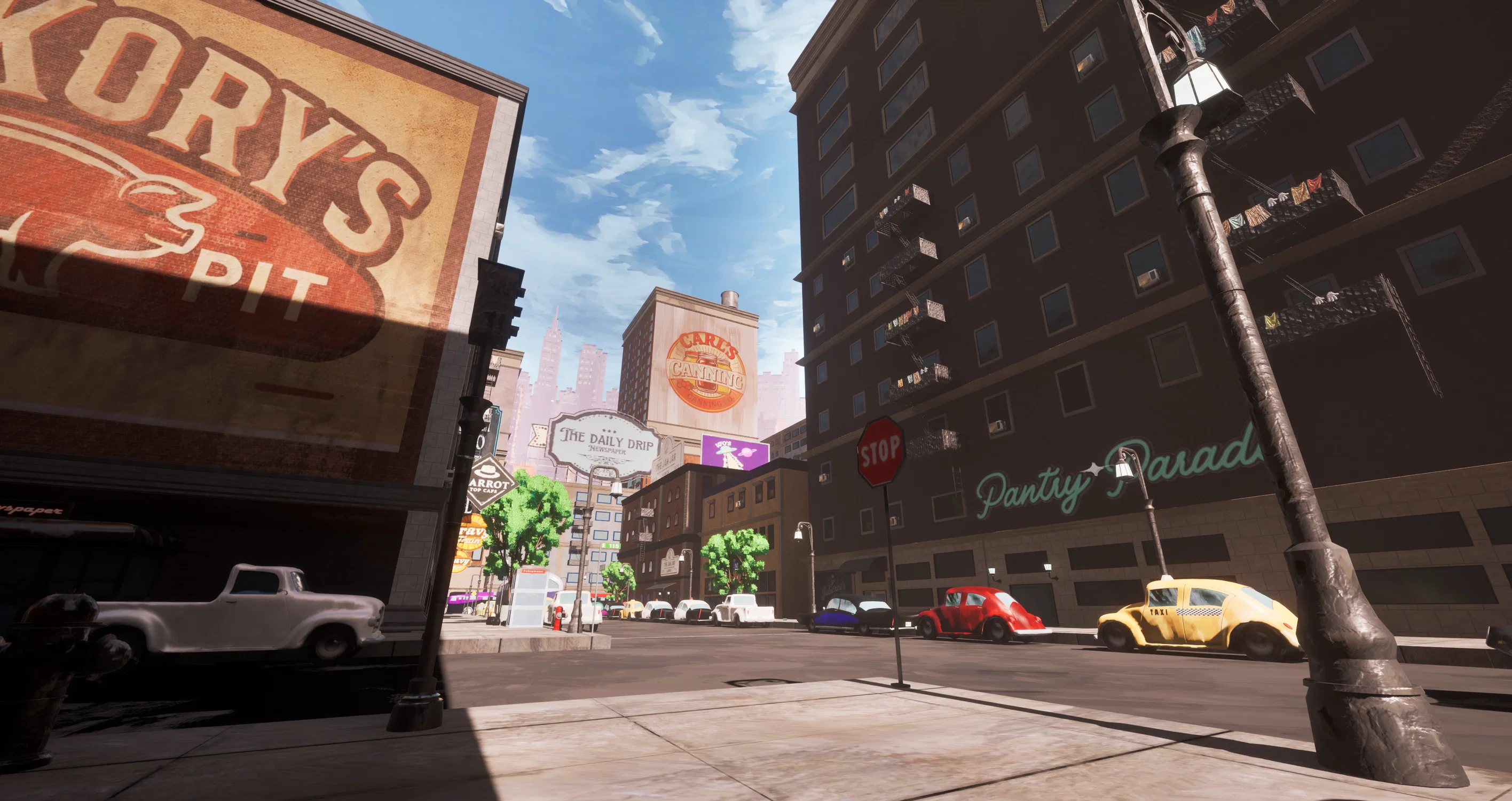 Mid-morning light cuts through a quiet downtown street, casting long shadows across aged brick buildings and faded signs. Vintage cars rest curbside, while laundry sways gently above—hinting at life behind the windows in this stylized, retro cityscape.