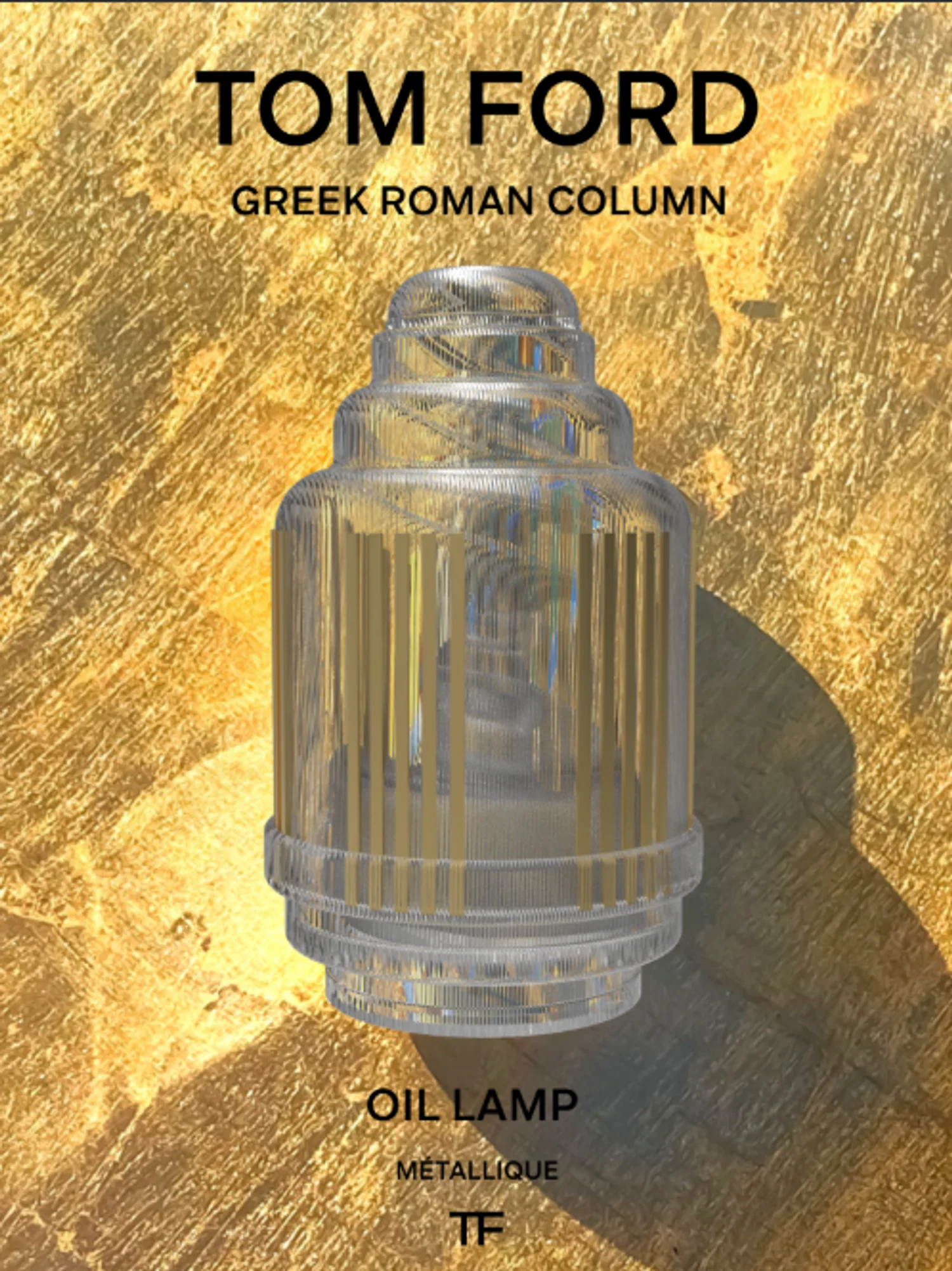 A clear glass oil lamp inspired by Greek-Roman columns, with vertical gold accents and a tiered, fluted form. It blends classical architecture with modern metallic elegance.