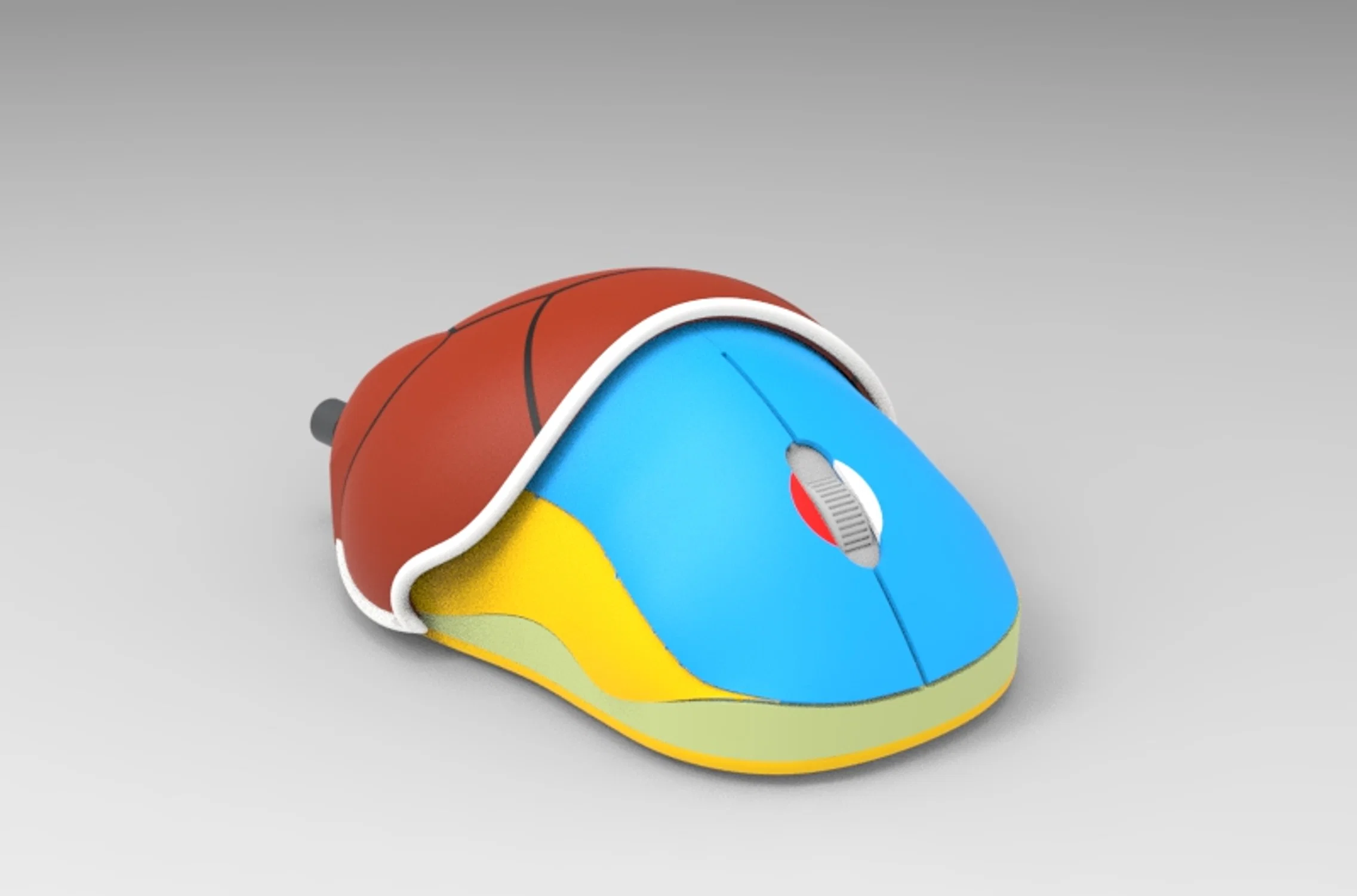 A computer mouse designed to resemble Blastoise, featuring a blue body, yellow sides, and a brown shell-like back with white trim.