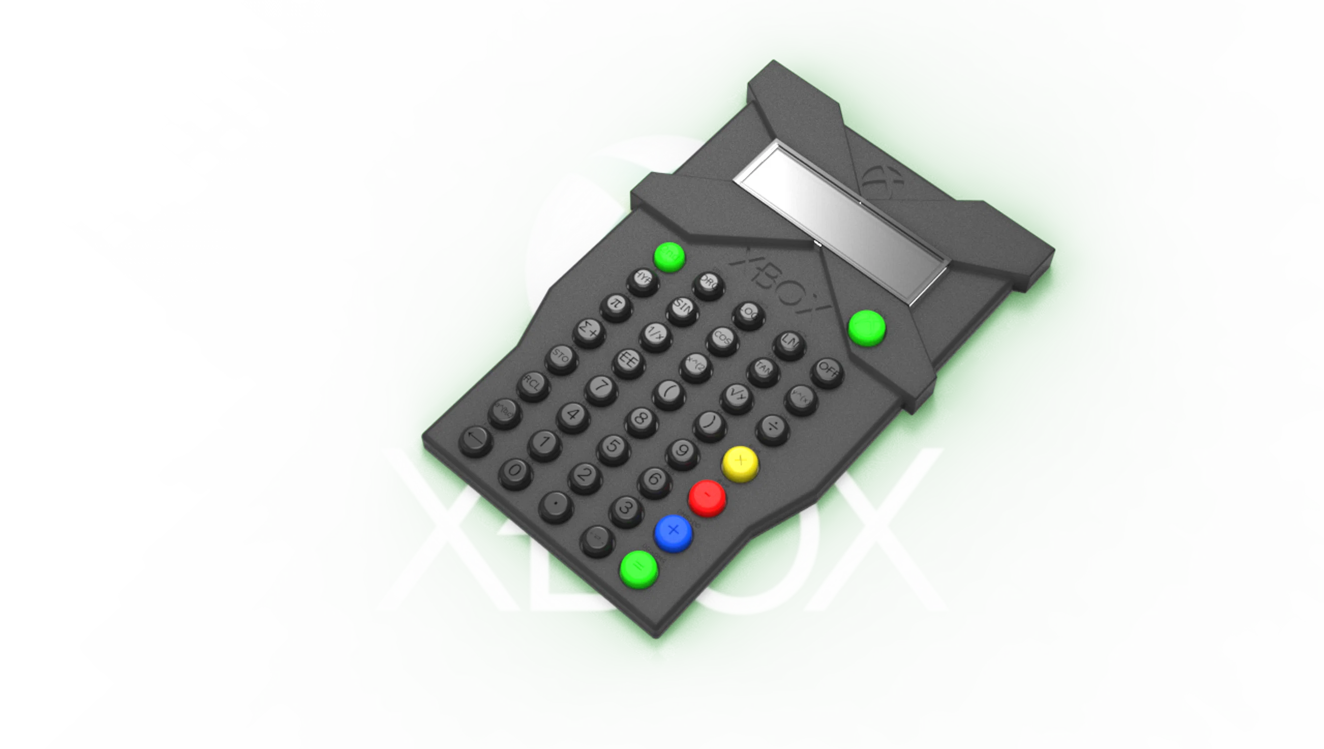 A concept Xbox-themed calculator with a bold, angular design and colorful buttons inspired by the A, B, X, and Y layout of a game controller.