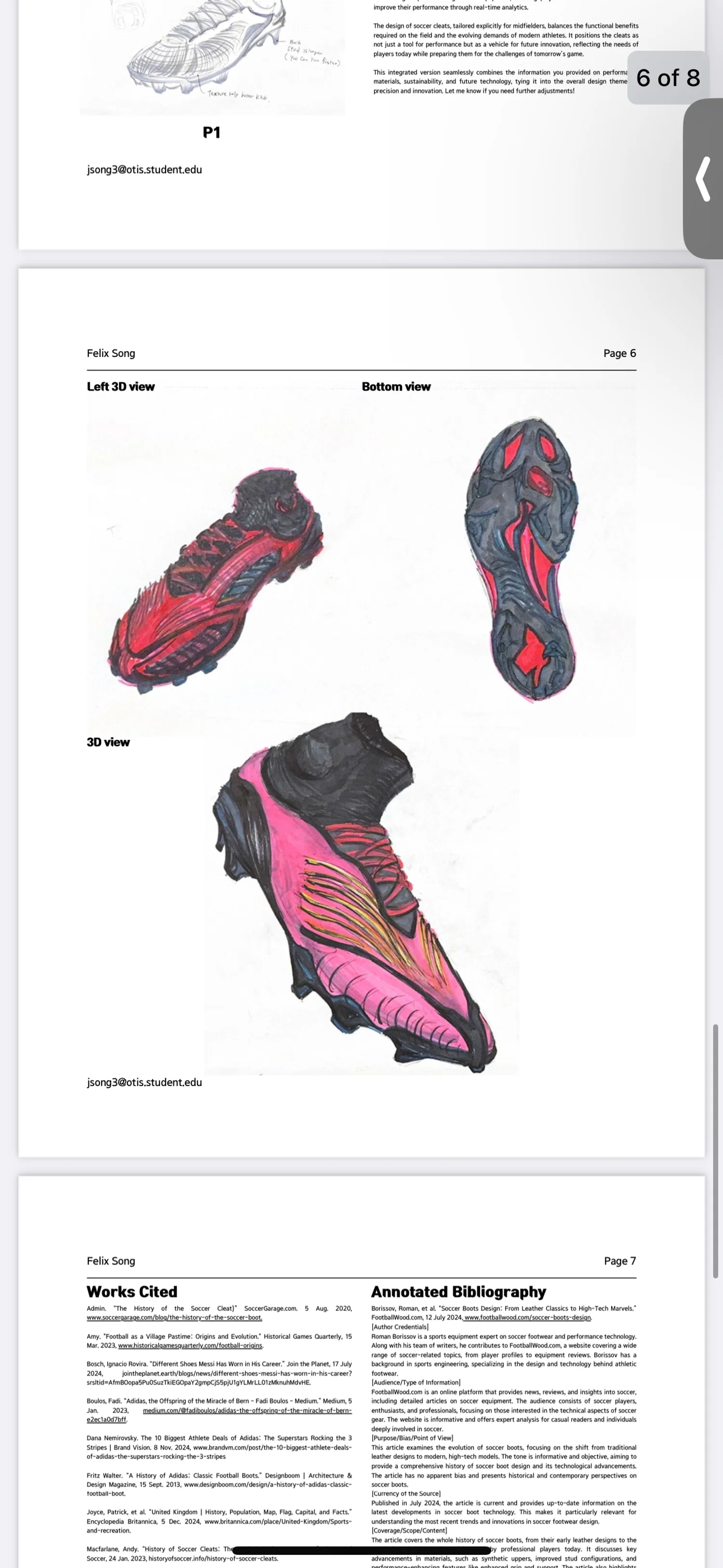 Hand-drawn concept sketches of futuristic Nike-inspired soccer cleats, shown in multiple views with bold colors and dynamic detailing.