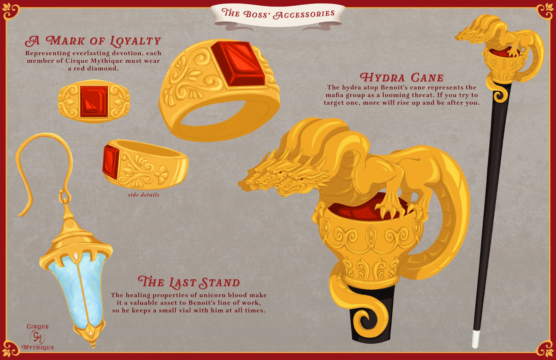 Prop designs and close--ups of The Boss's accessories