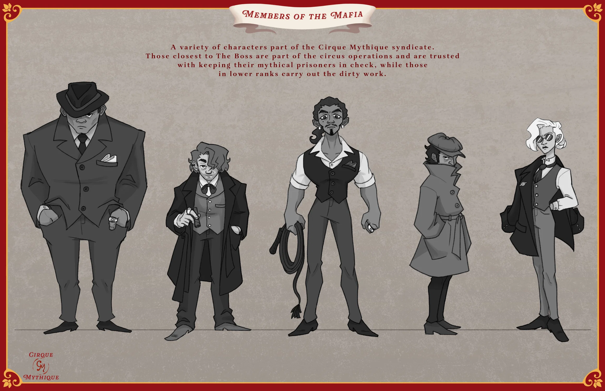 A lineup of characters that can be found in the Cirque Mythique mafia syndicate.