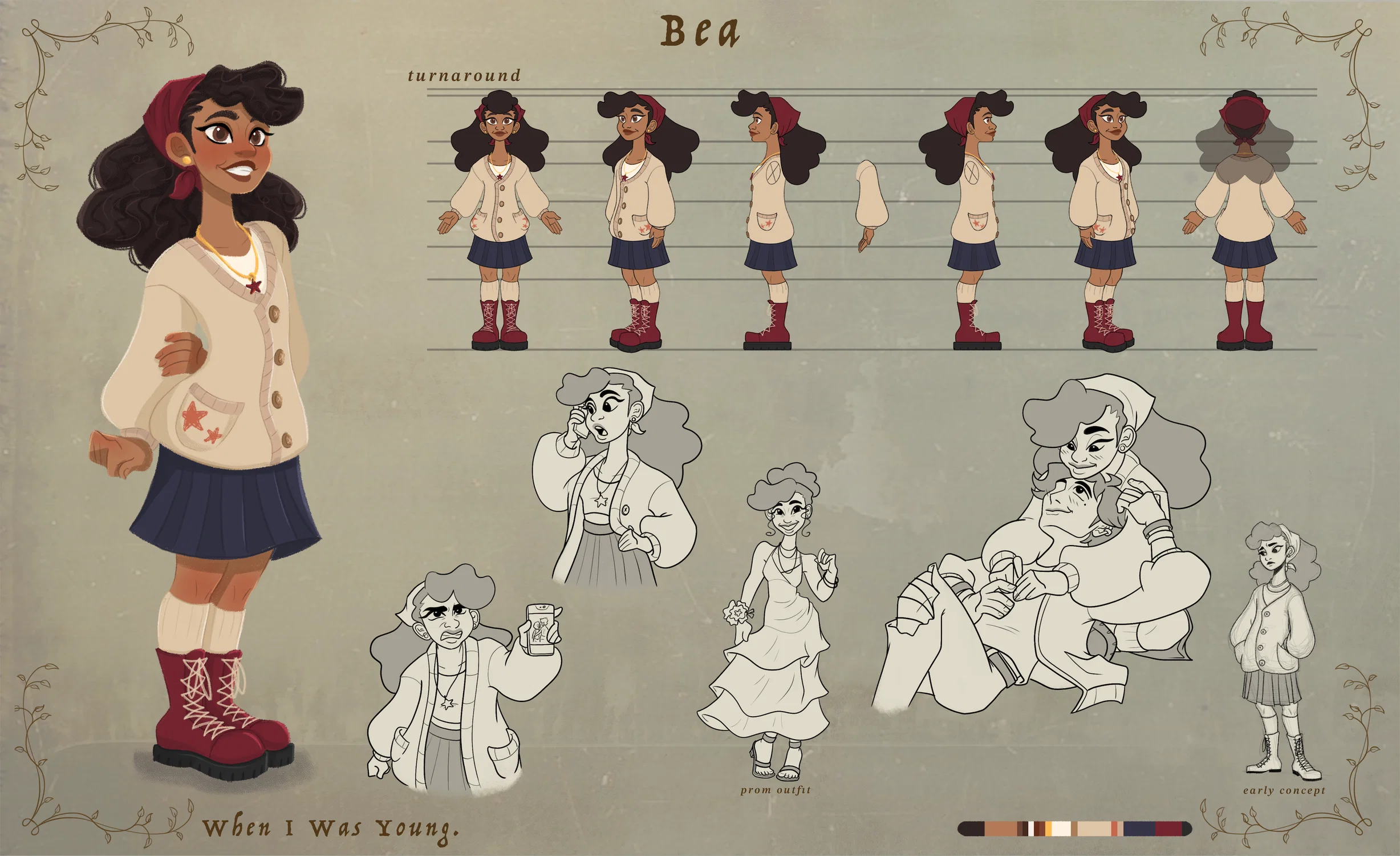 A teen girl with tan skin and dark hair, dressed in an off-white cardigan, blue skirt, and red boots. Beside her are exploration sketches and a character turnaround.