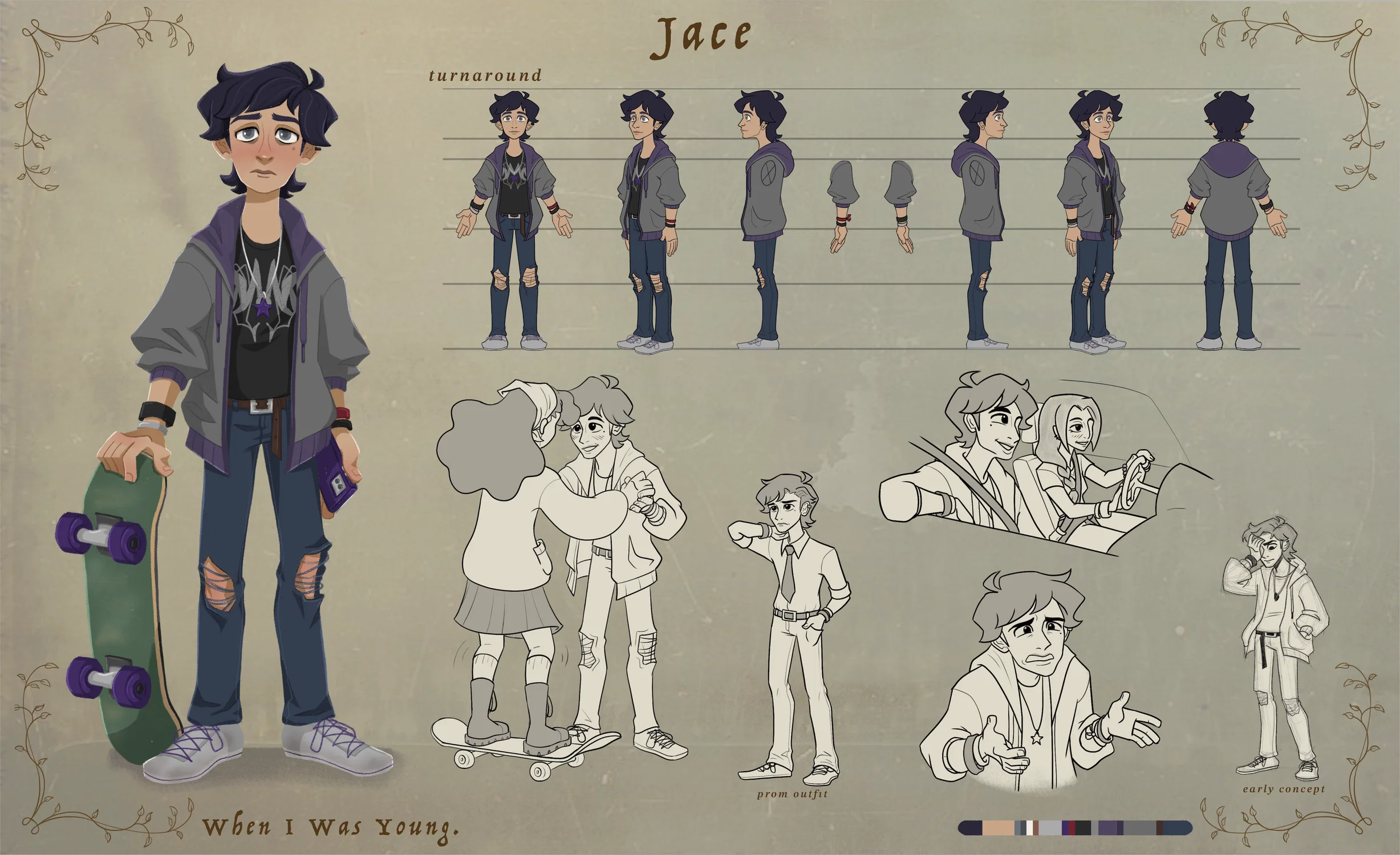 A teen boy with dark hair dressed in a gray and purple sweater, a black shirt, and ripped jeans with a purple skateboard. Beside him are exploration sketches and a character turnaround.