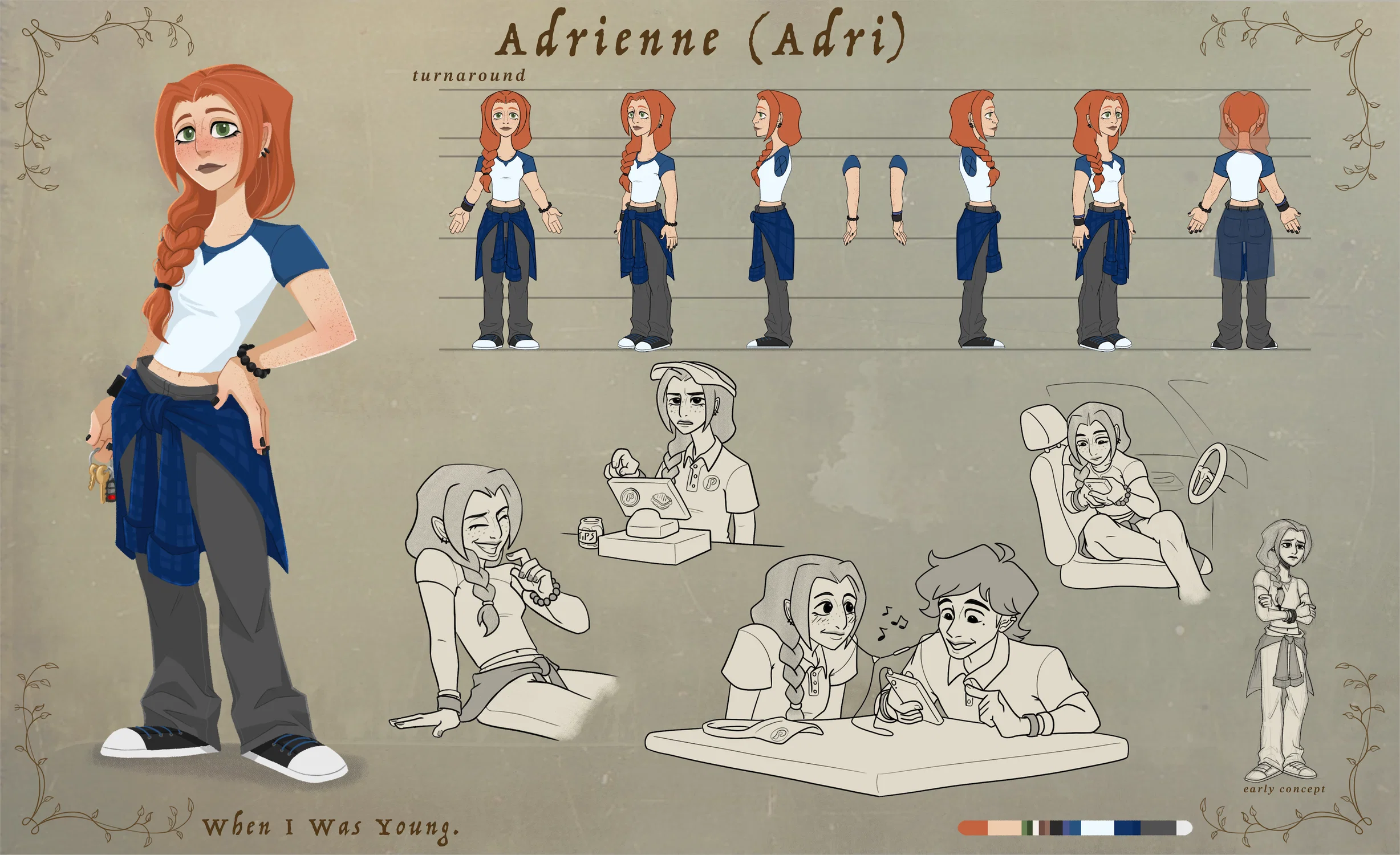 A teen girl with freckles and red hair, dressed in a blue and white shirt and gray jeans. Beside her are exploration sketches and a character turnaround.