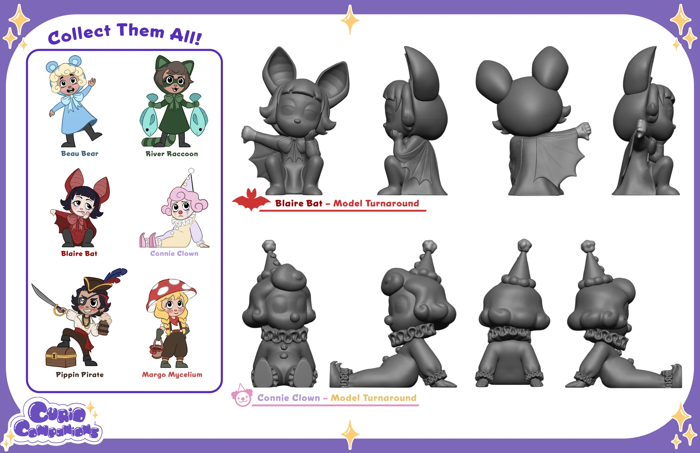 A collection of cute animal and fantasy based characters. Beside them are 3D model turnarounds for a bat and clown character.