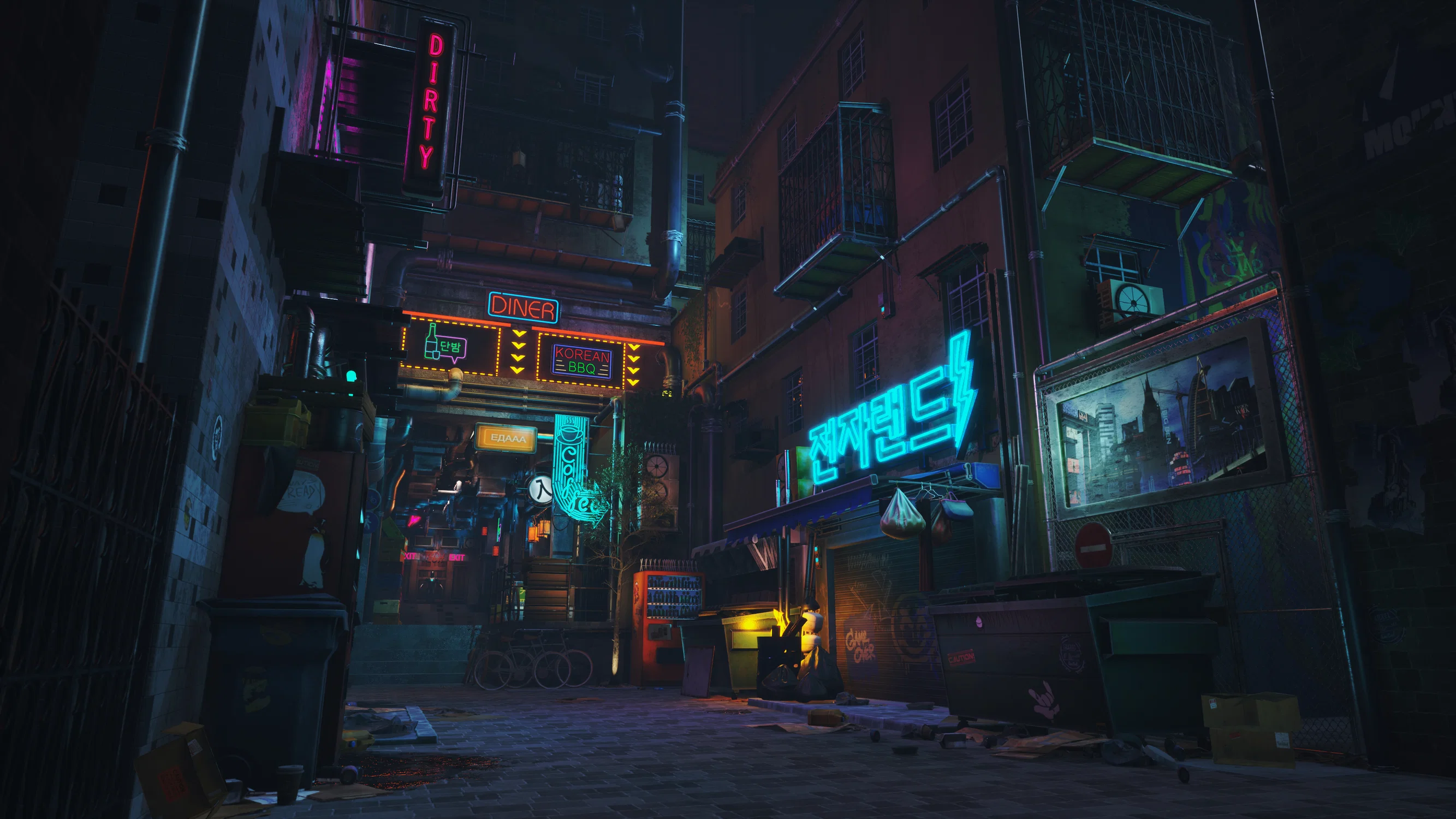 An alley in Cyberpunk London