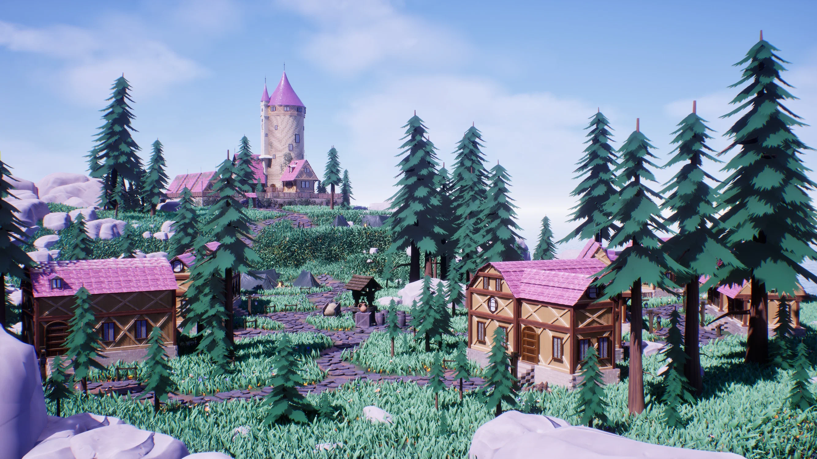 This is a stylized fantasy scene constructed in Unreal Engine. It features a castle overlooking a small village on an island.