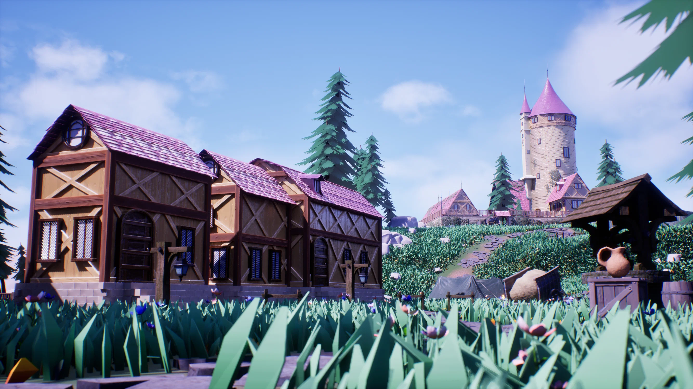 This is a closeup image of the village buildings.