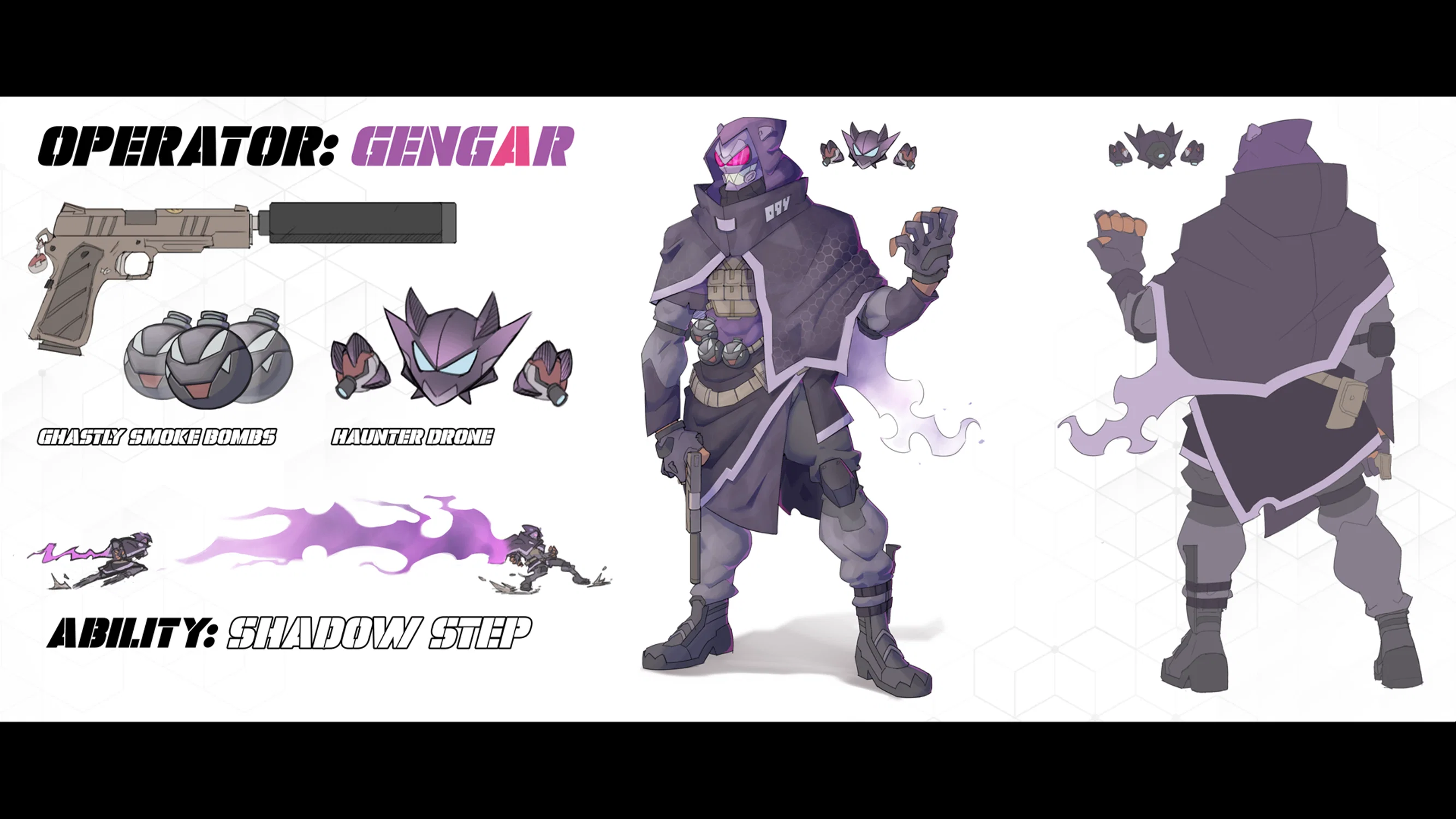A character design fusing the world of military combat and pokemon - creating an assassin-type version of Gengar