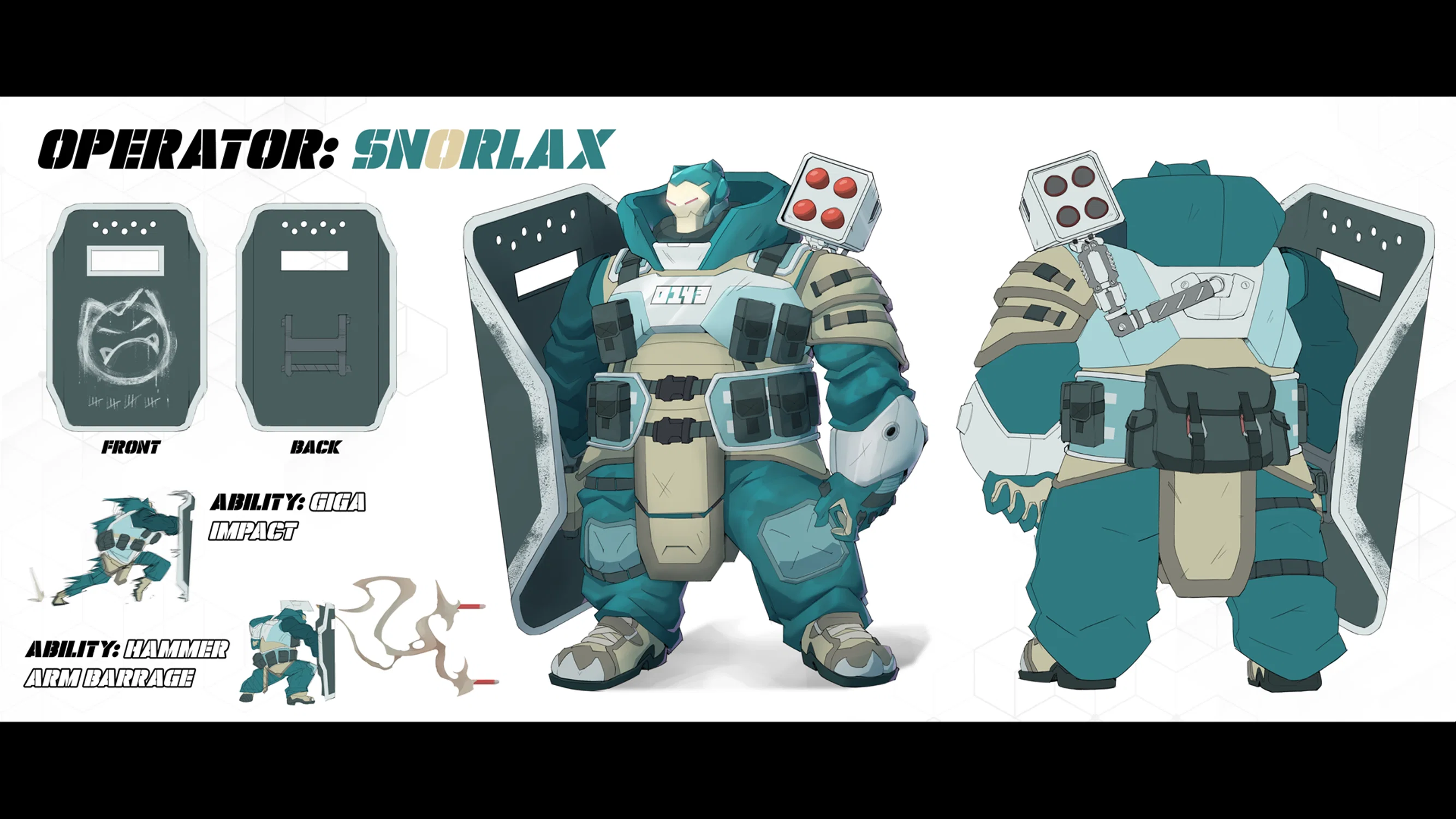 A character design fusing the world of military combat and pokemon - creating a tank-type version of Snorlax