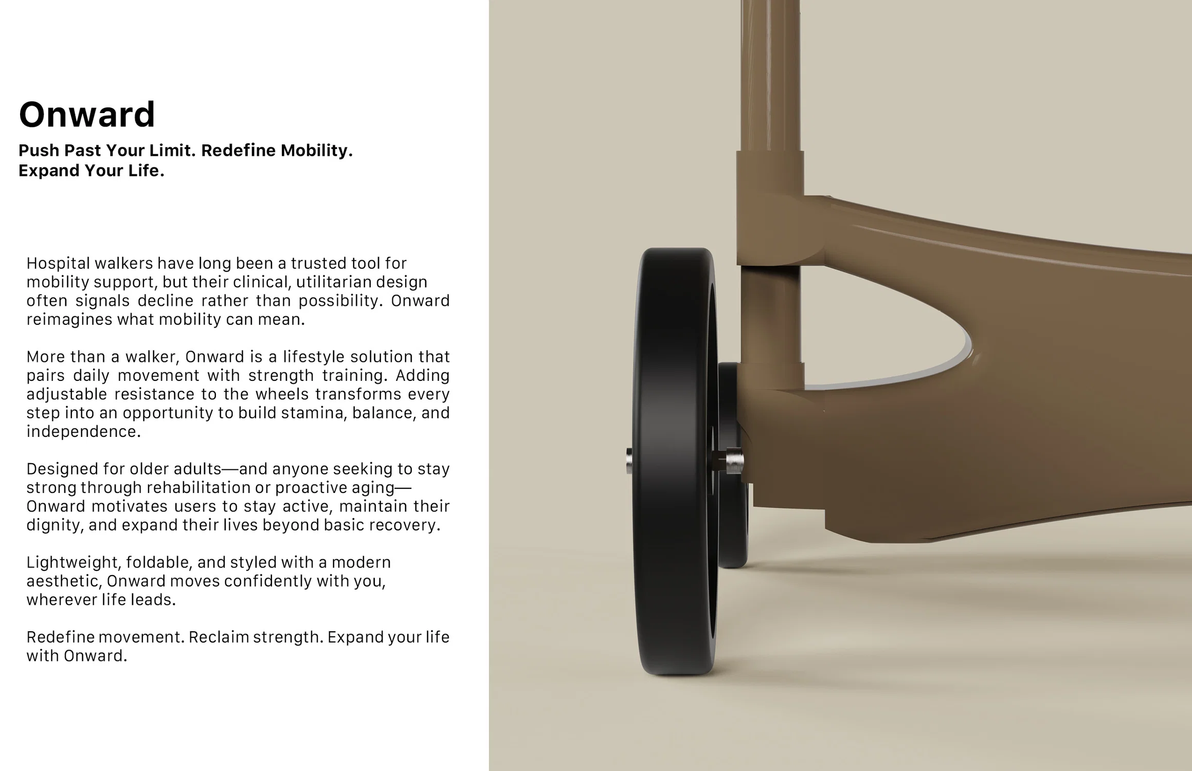 A modern, foldable walker designed to support mobility, strength building, and active lifestyles, featuring a sleek, lightweight aluminum frame and adjustable resistance wheels.