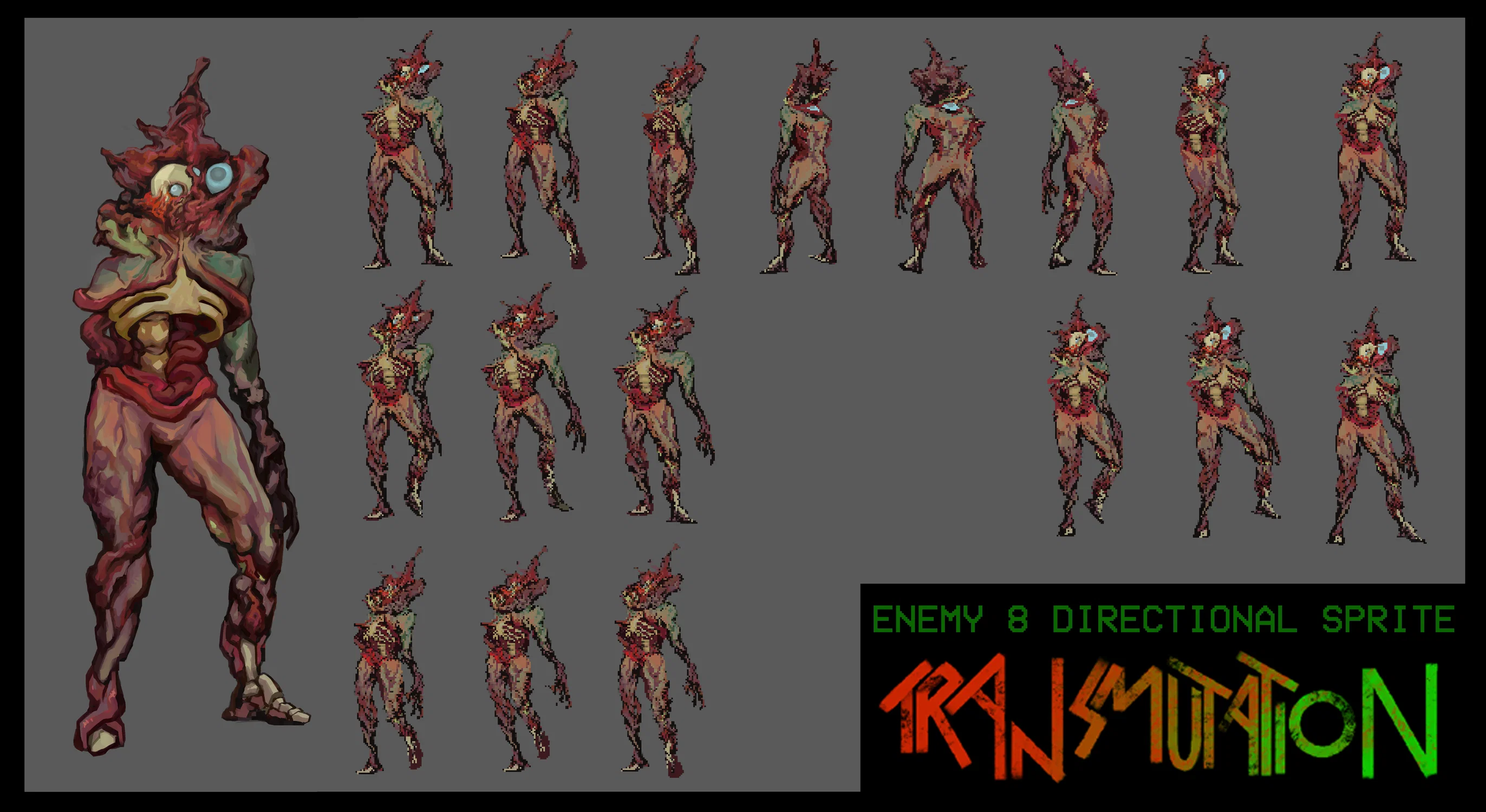 sprite sheet of the humanoid enemy from my game, Transmutation. The humanoid is asymmetrical and mutated. There is an 8 directional sprite sheet with a detailed illustration of the enemy on the left side of the page.