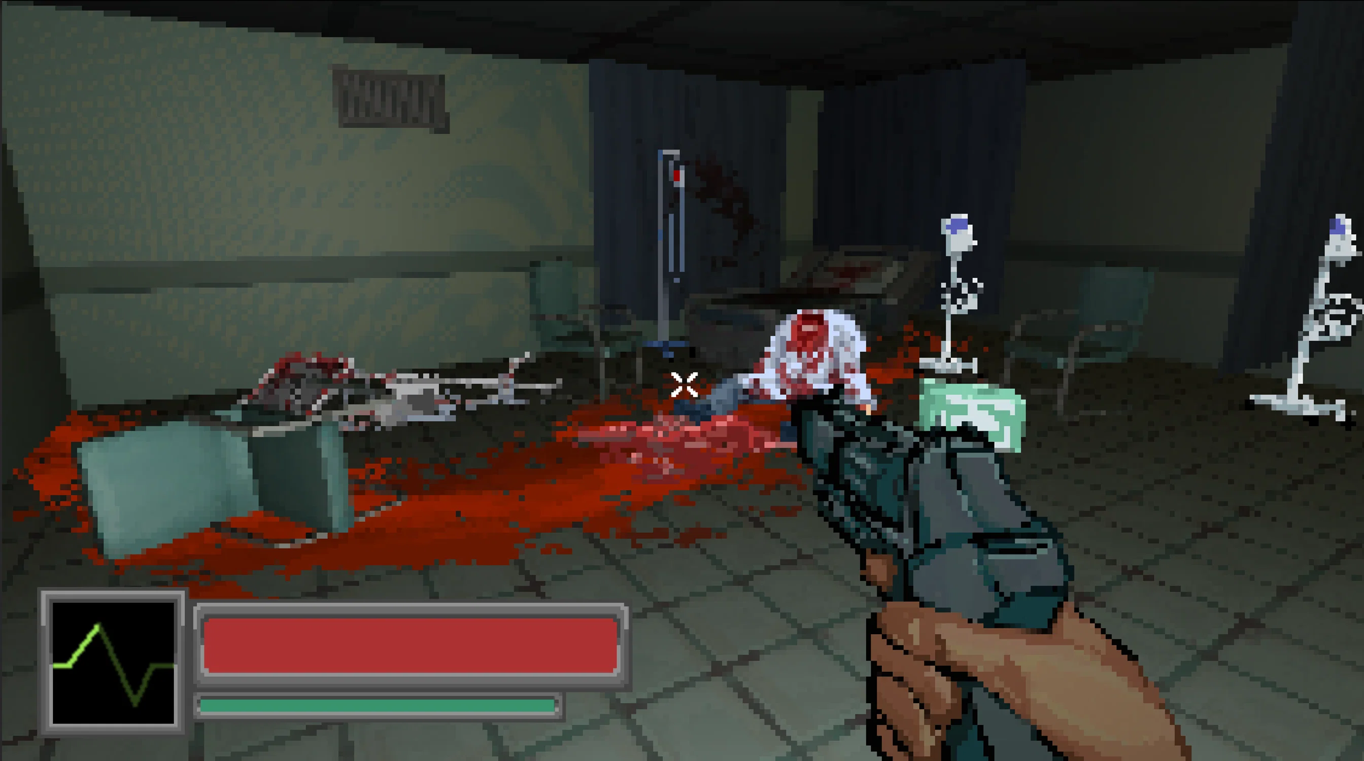 Pixel-art FPS game screenshot showing a player aiming a gun at a body in a dark, blood-soaked hospital room. A health monitor and status bars are visible on the screen.