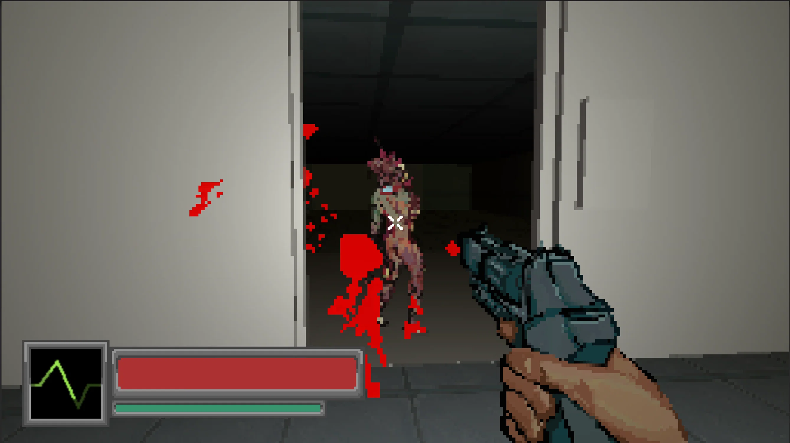 Screenshot of low resolution FPS game, there is a mutated enemy standing in a dimly lit doorway, the player is aiming at the creature and shooting it.
