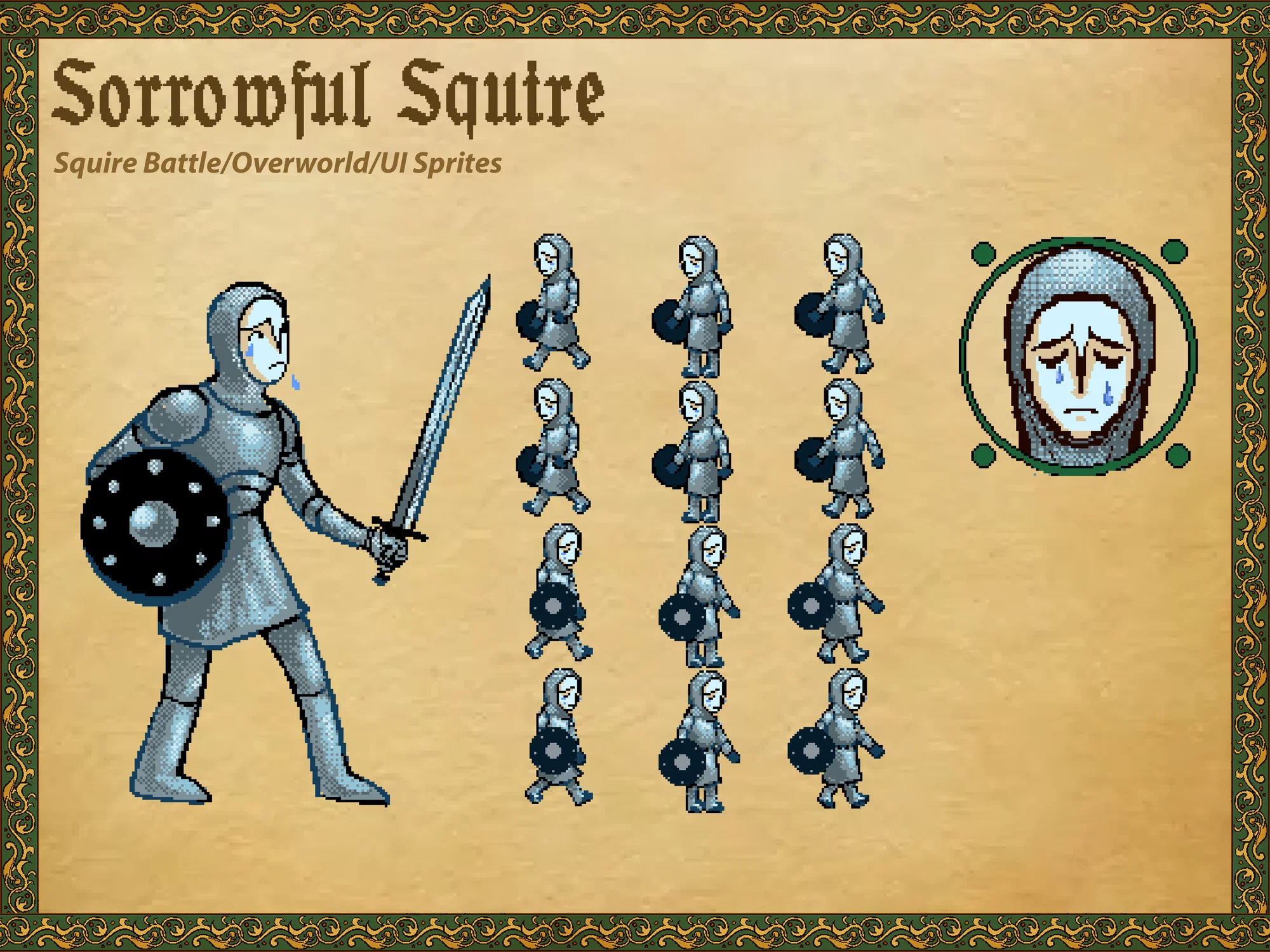 Pixel sprite sheet depicting a young squire armed with a sword and shield. On the left side of the sheet is a more detailed drawing of a battle sprite with walking poses in the middle and a portrait on the right.