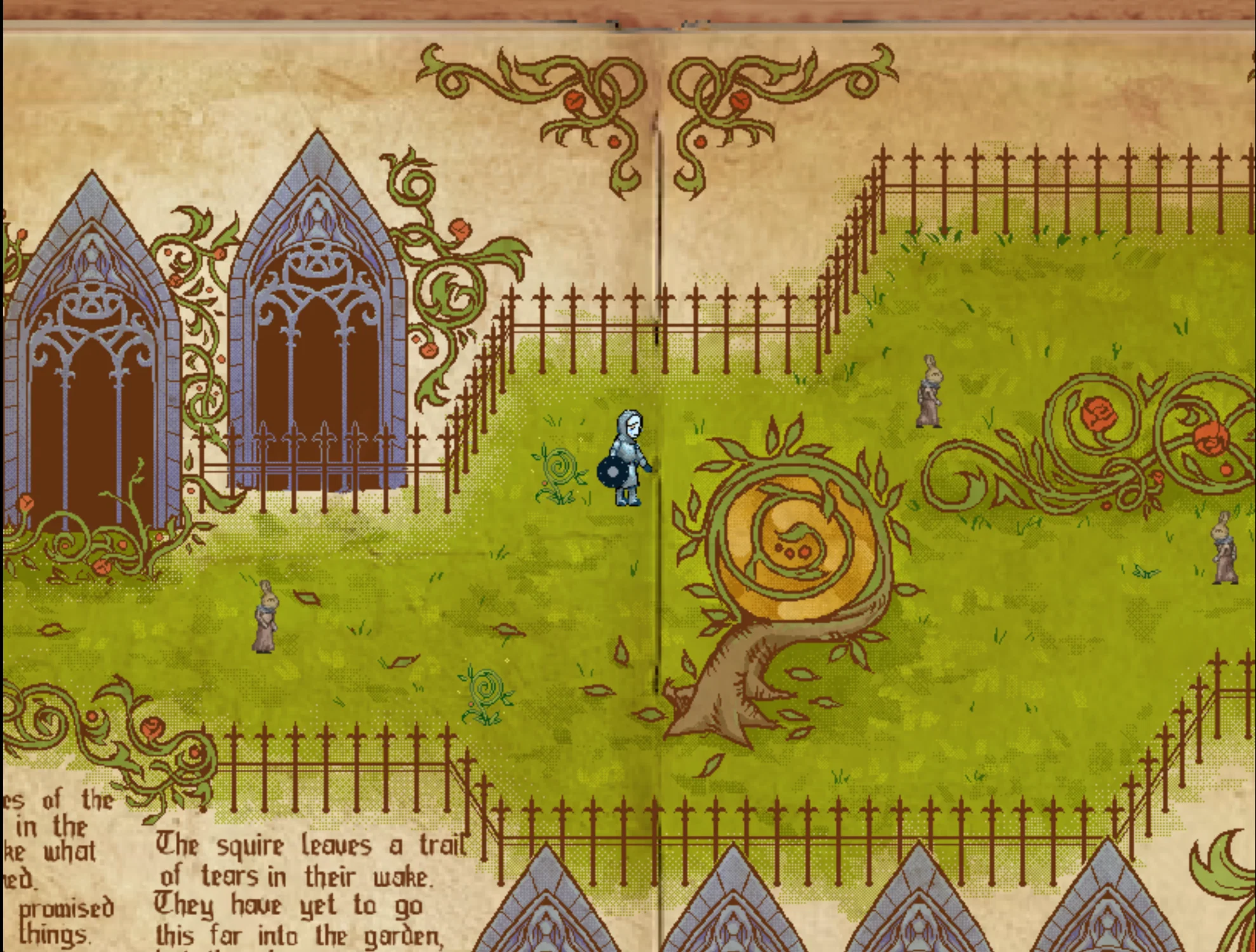 Screenshot of a pixelated top down rpg stylized to resemble medieval manuscripts. The player character, a young squire, stands in the middle of an ornately decorated garden.