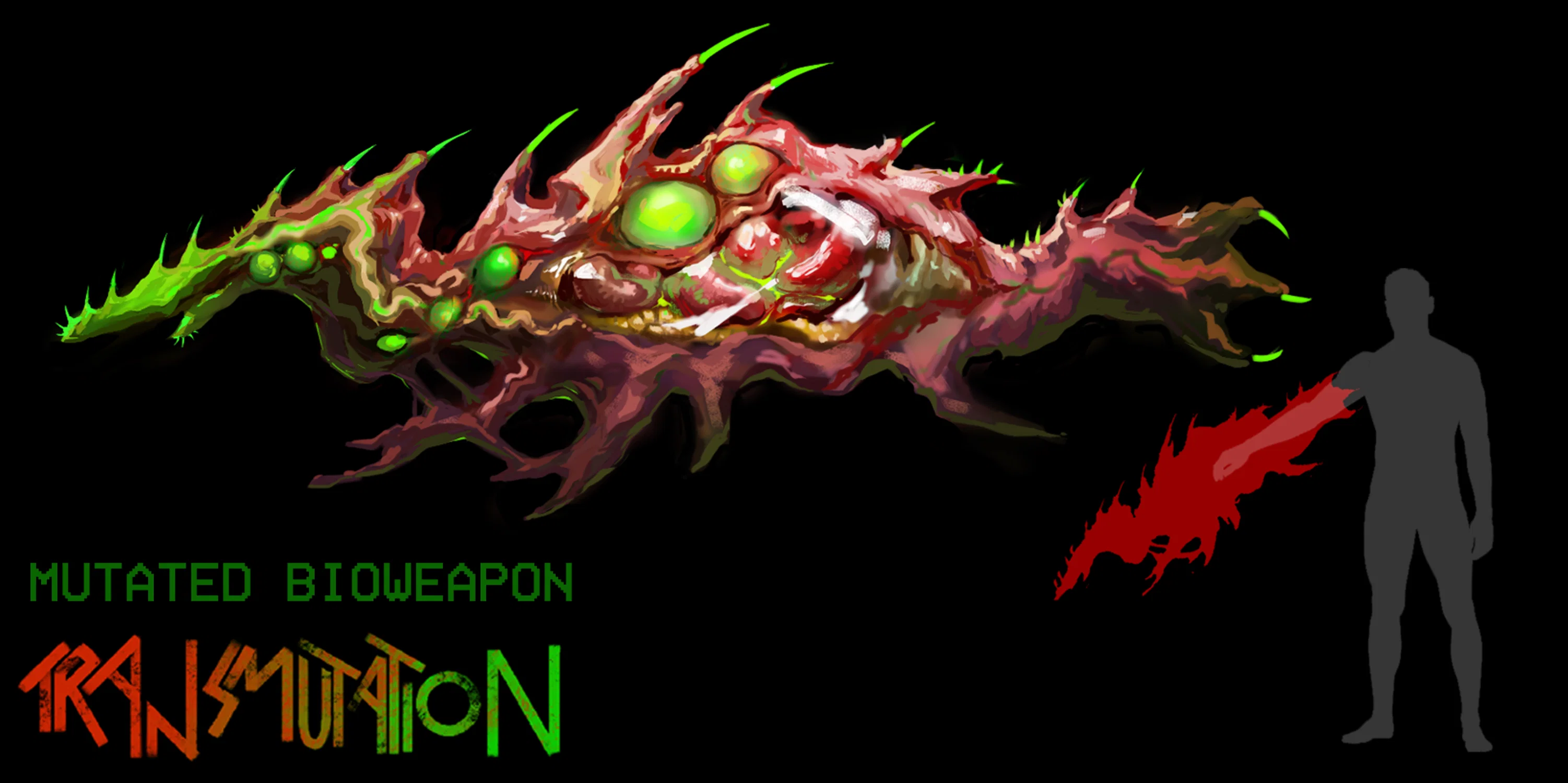 A grotesque and fleshy mass; there is bright green spines along it like a spine, and a transparent section displaying organs. There is a diagram on the side to show that the mass is actually a weapon worn on the arm.