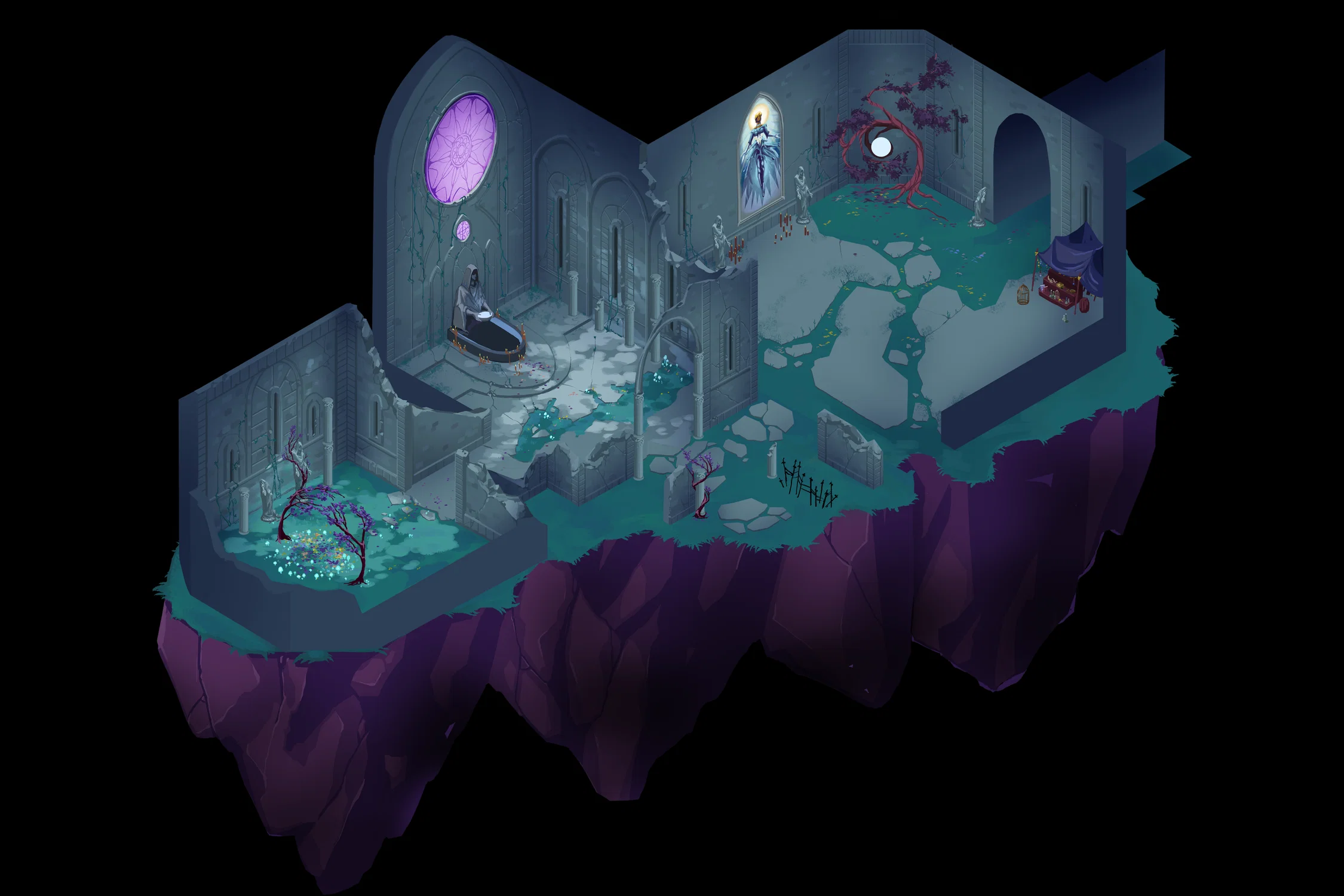 An isometric map of a dimly lit, gothic cathedral. It is derelict, with crumbling walls and overgrown foliage and statues of hooded figures scattered throughout.