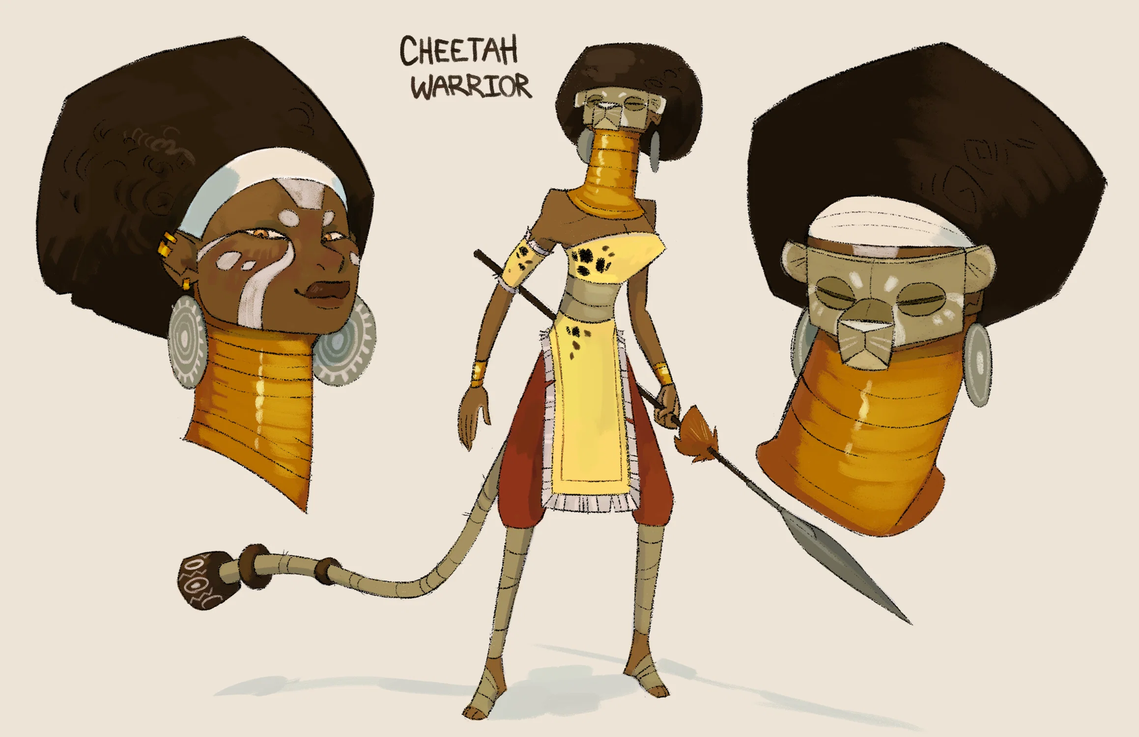 Character design page featuring the stylized depiction of an African cheetah warrior who wields a spear and dons an outfit of cheetah fur