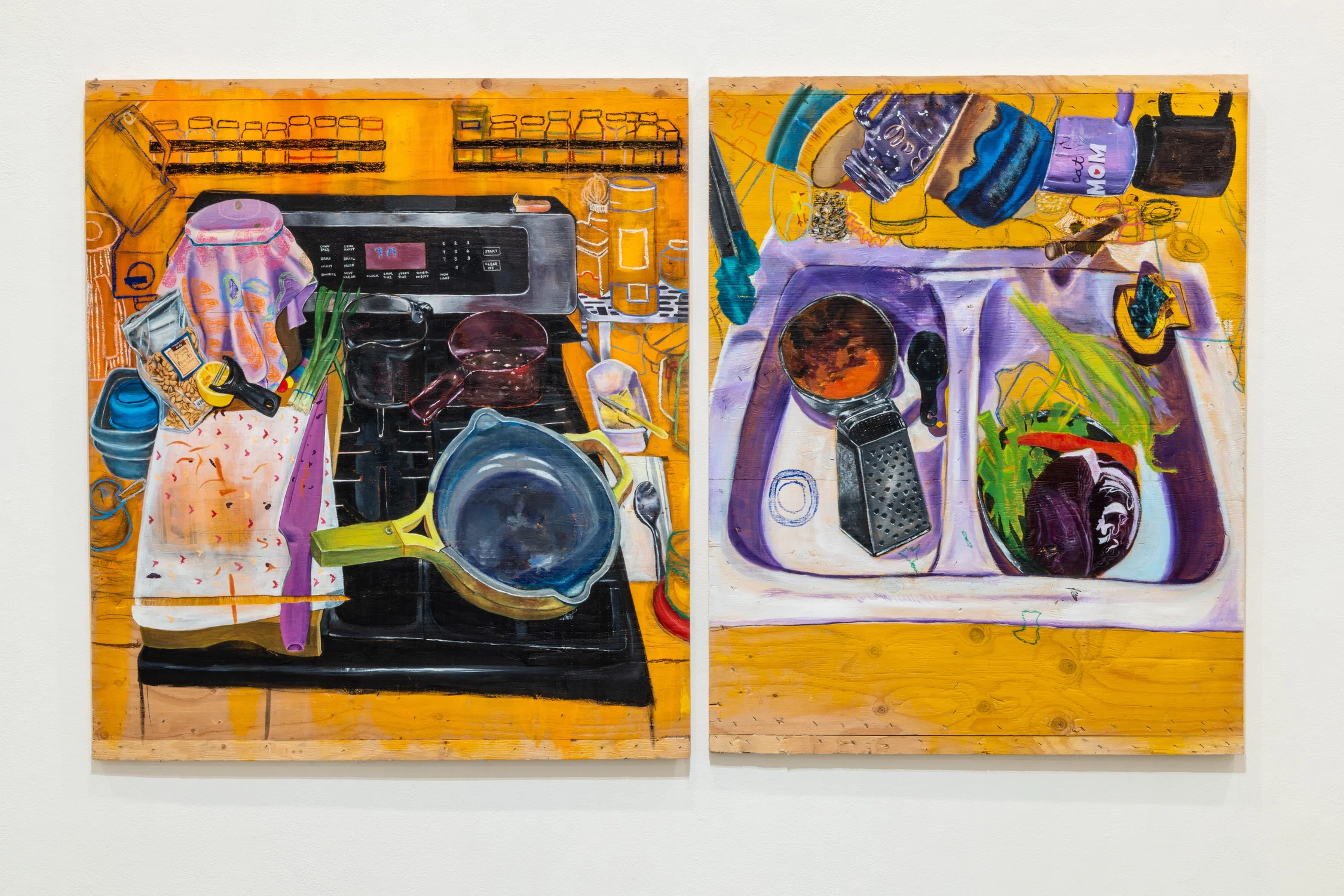 A diptych of two acrylic paintings with oil pastels on wood panels, depicting a kitchen stovetop and kitchen sink