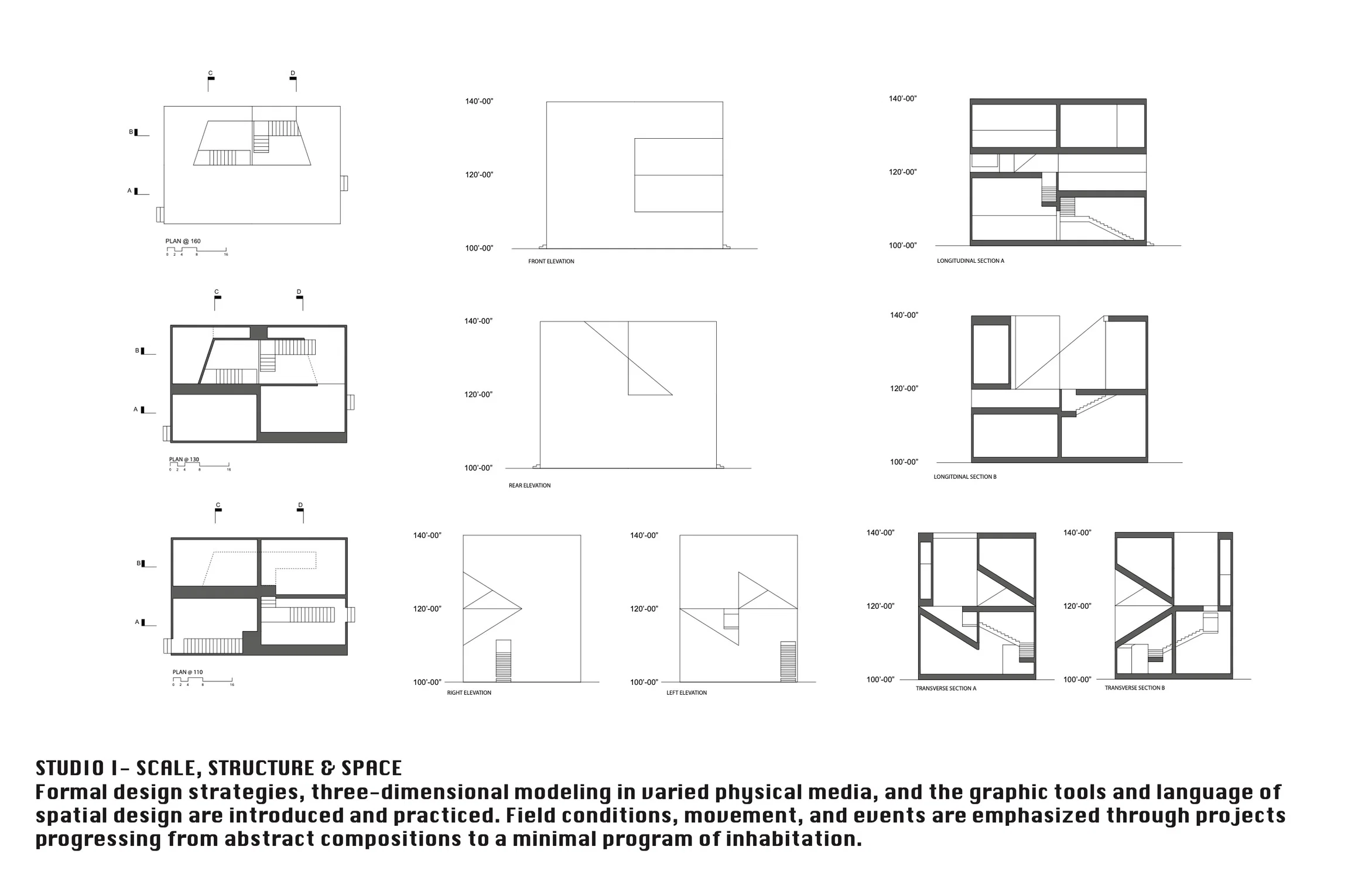 This project investigates the relationship between form, structure, and spatial hierarchy through a minimal inhabitation program. Utilizing a rigorous geometric language, the design explores how sectional and planimetric clarity can articulate spatial experience and circulation. The interplay between solid and void is carefully calibrated to define distinct spatial zones while maintaining a sense of openness and continuity. The composition is structured around a central staircase that functions as both a spatial anchor and a mediator between levels. Strategic cutouts and framed openings punctuate the building envelope, creating moments of visual connection and allowing light to shape the interior experience. Elevational studies emphasize restraint and formal discipline, while sectional drawings reveal complex interactions between volumes and transitional spaces.
