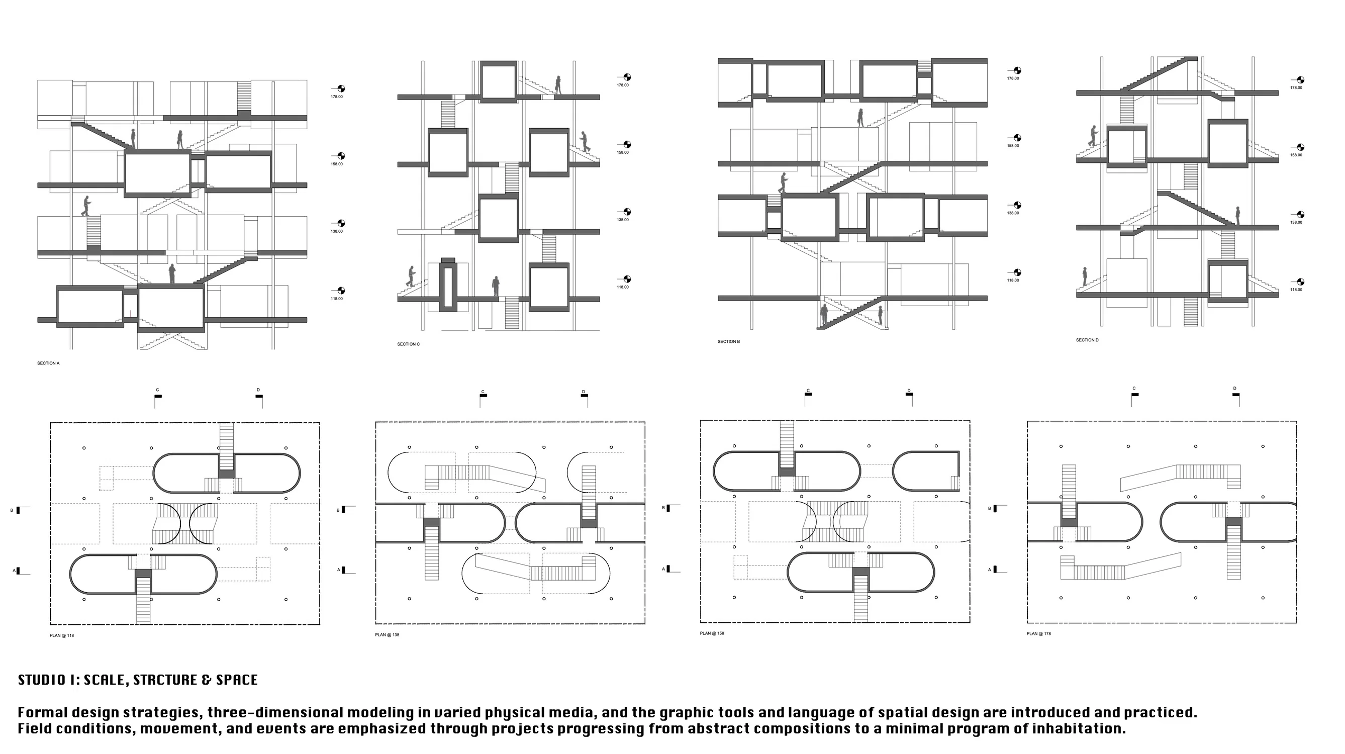 This project explores the interplay between scale, structure, and space through a modular system of interconnected volumes and circulation pathways. Anchored in the pedagogical framework of Studio I, the design emphasizes spatial sequencing, movement, and inhabitation within a structured field condition. Each volume functions as a spatial node, arranged within a grid-like framework that fosters dynamic vertical and horizontal interactions. The architectural language is defined by a rhythmic pattern of solid and void, with staircases and ramps serving as connective tissues that facilitate layered experiences of space. The sectional cuts reveal the project's commitment to volumetric balance and human scale, while the plan views highlight the precision of spatial organization and circulation flow.