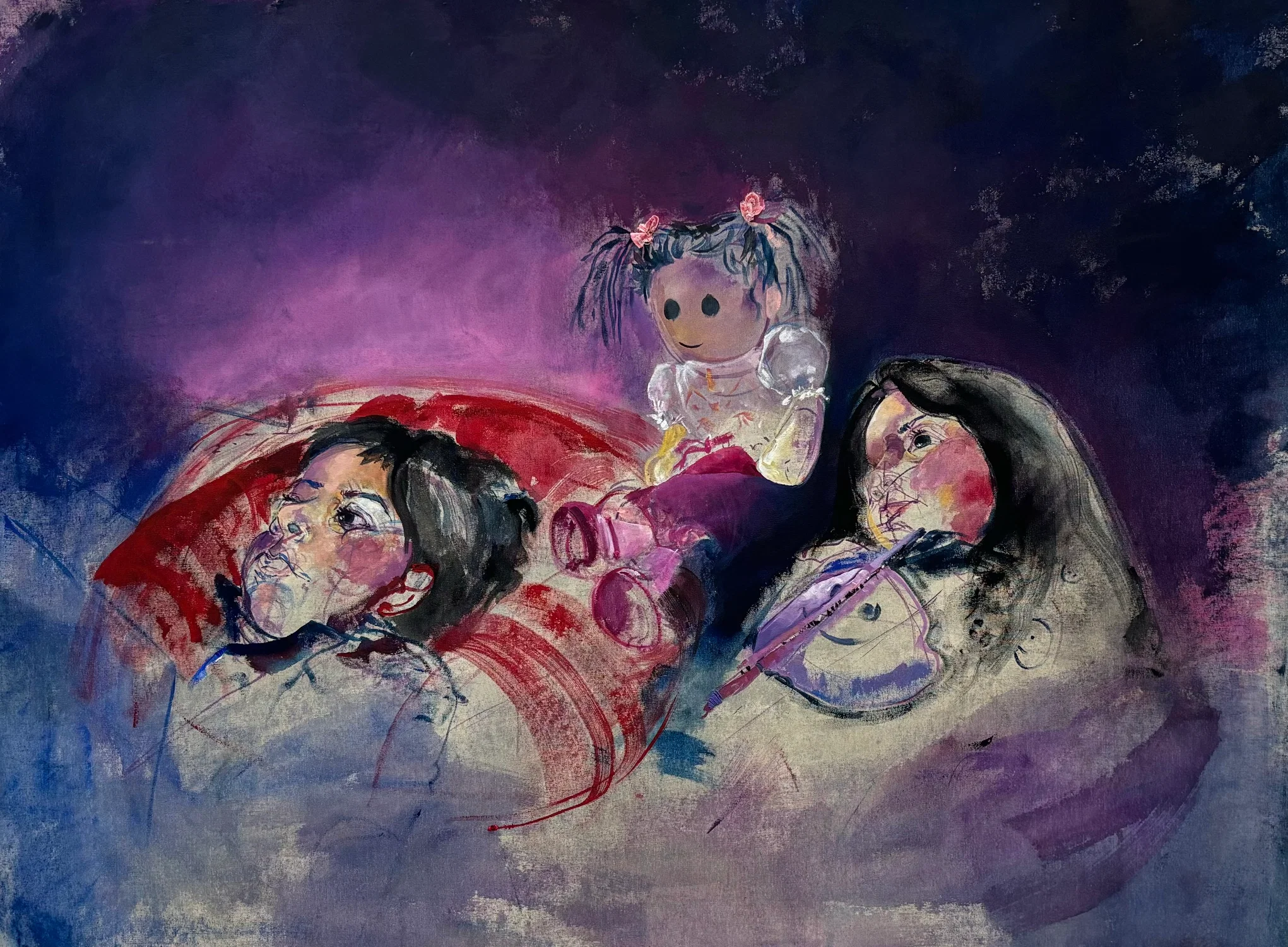 A acrylic paint with embroidery and beads. It is a image of two children with a doll in the middle. The colors are a cool purple and warm pink that surrounds them.