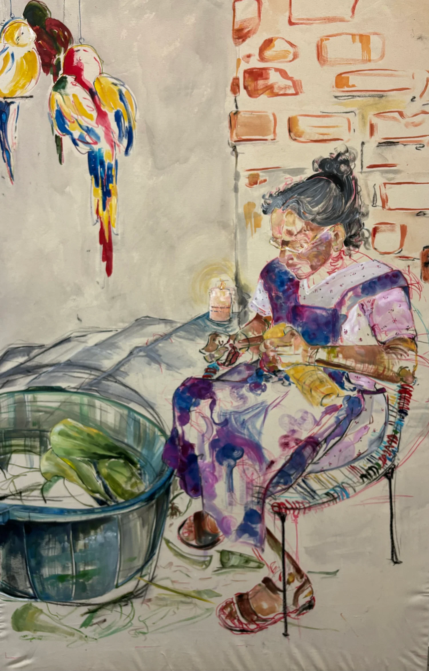 A six foot and a half by 4 foot and a half acrylic painting. It is semi rendered there are charcoal marks and the brush strokes are seen in the acrylic portions.